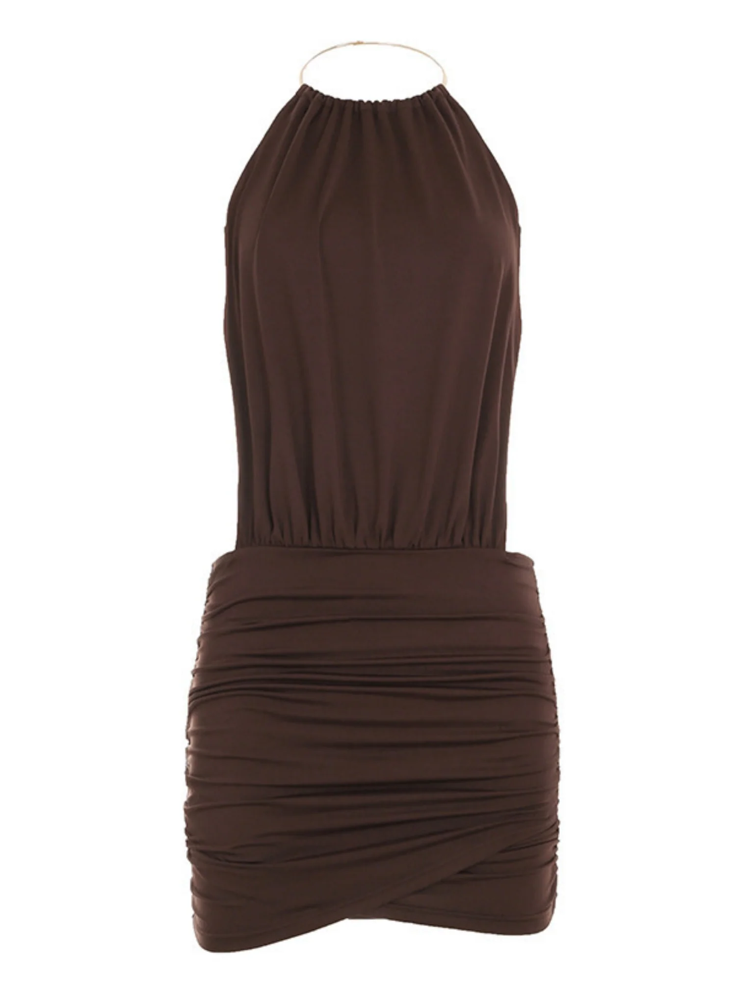 Metal Ring Halter-neck Sleeveless Backless Splicing Hip Wrap Mini&Short Dresses - Image 4