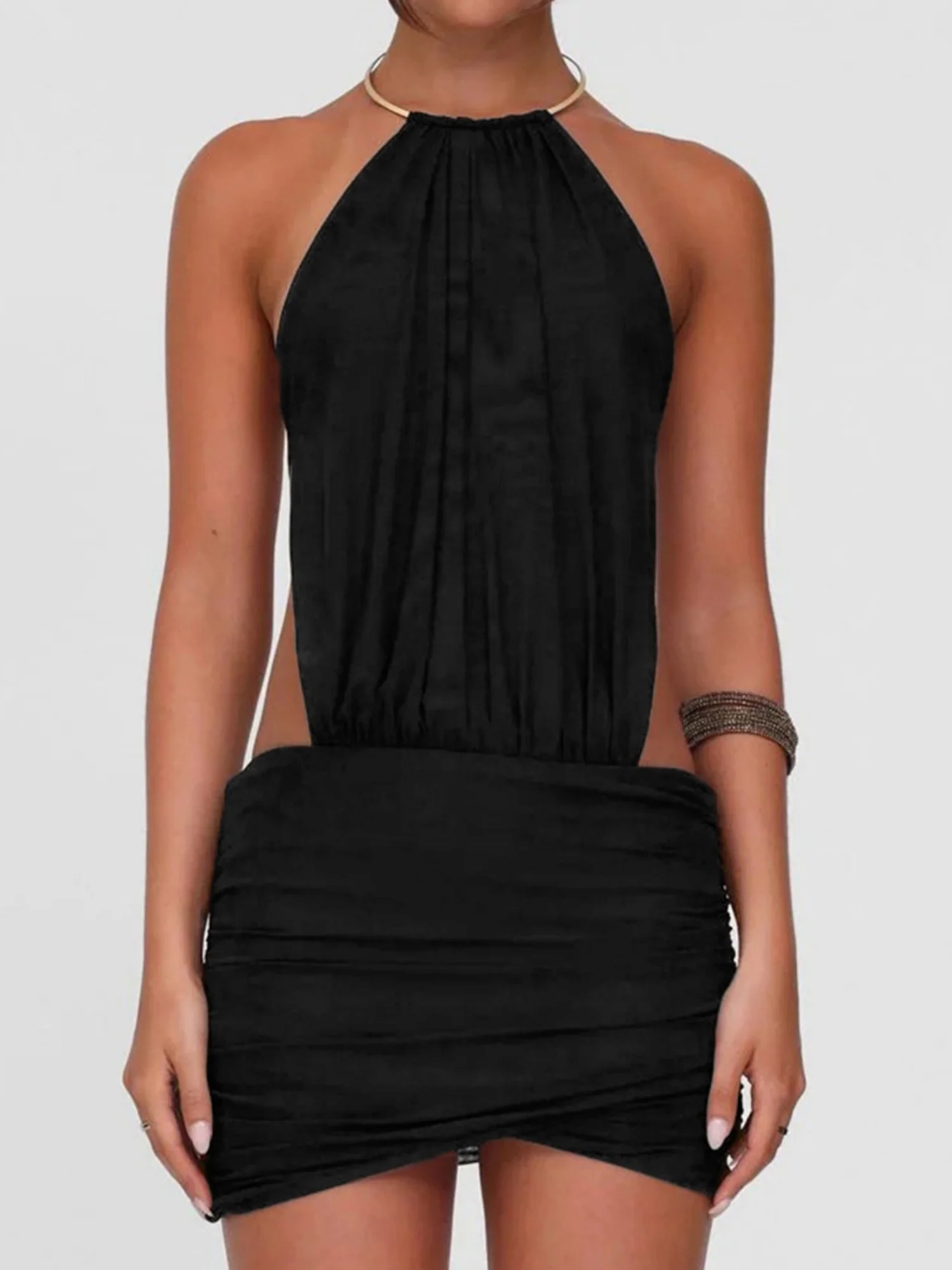 Metal Ring Halter-neck Sleeveless Backless Splicing Hip Wrap Mini&Short Dresses - Image 5