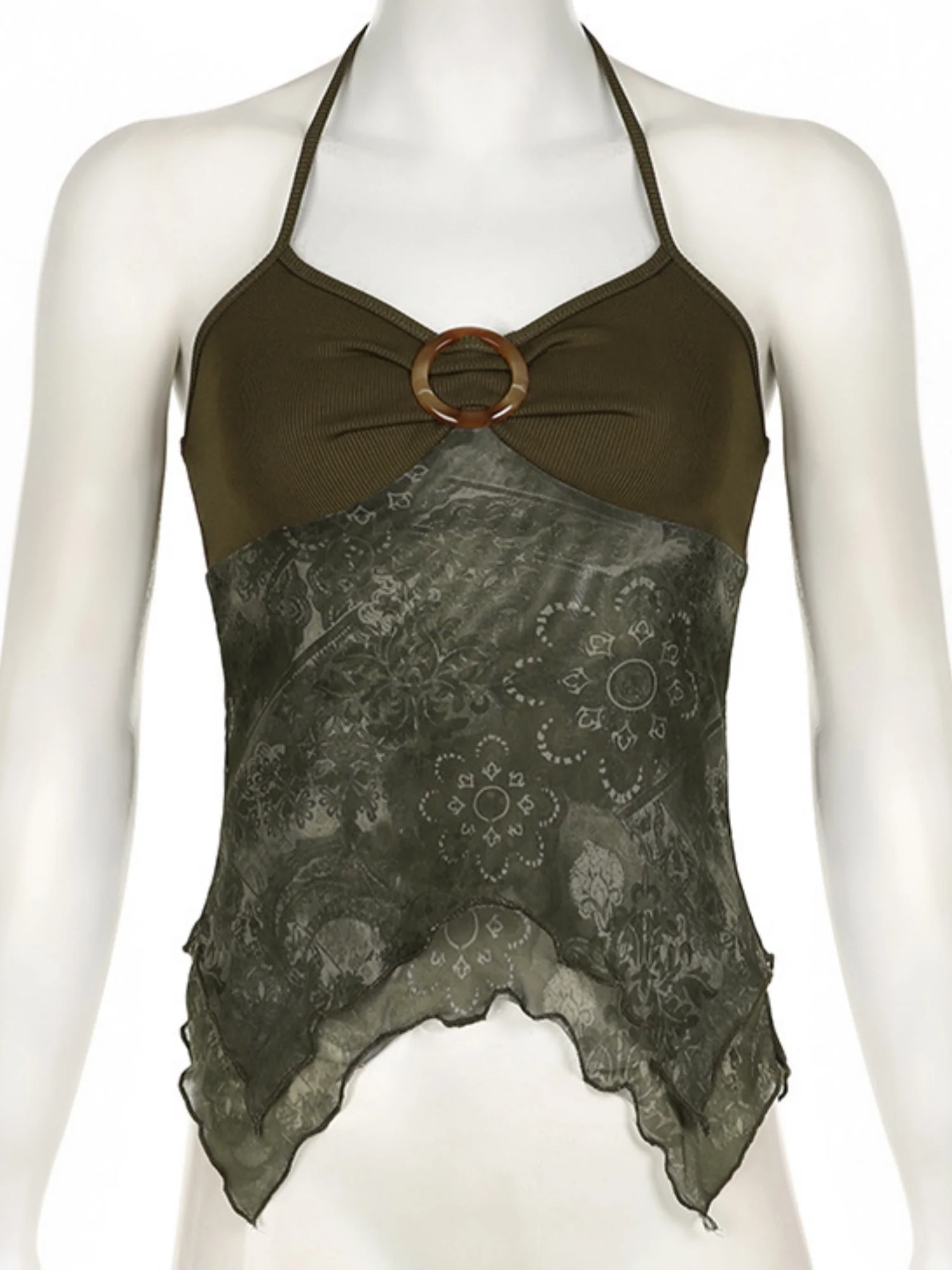 Metal Buckle Pleated Halter Neck And Backless Tank Top - Image 4