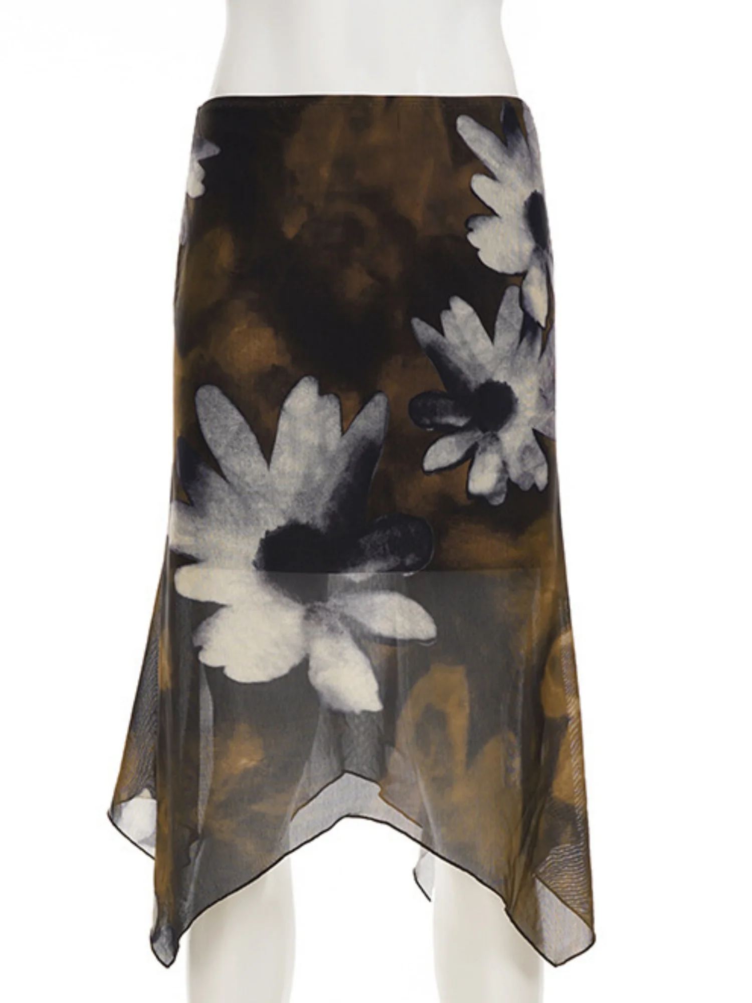 Floral Print Mesh Splicing Irregular Hem Short Skirt - Image 3