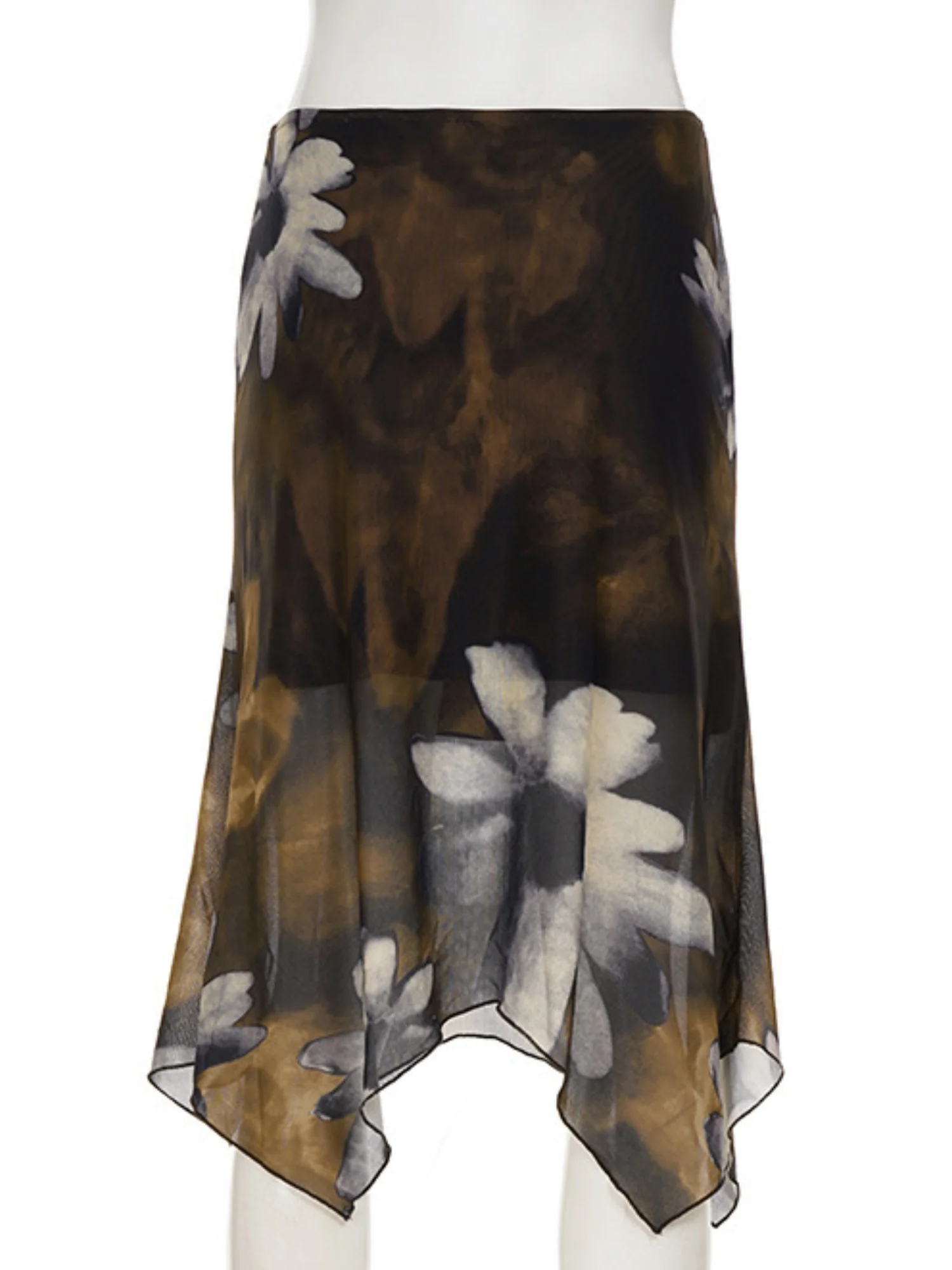 Floral Print Mesh Splicing Irregular Hem Short Skirt - Image 4