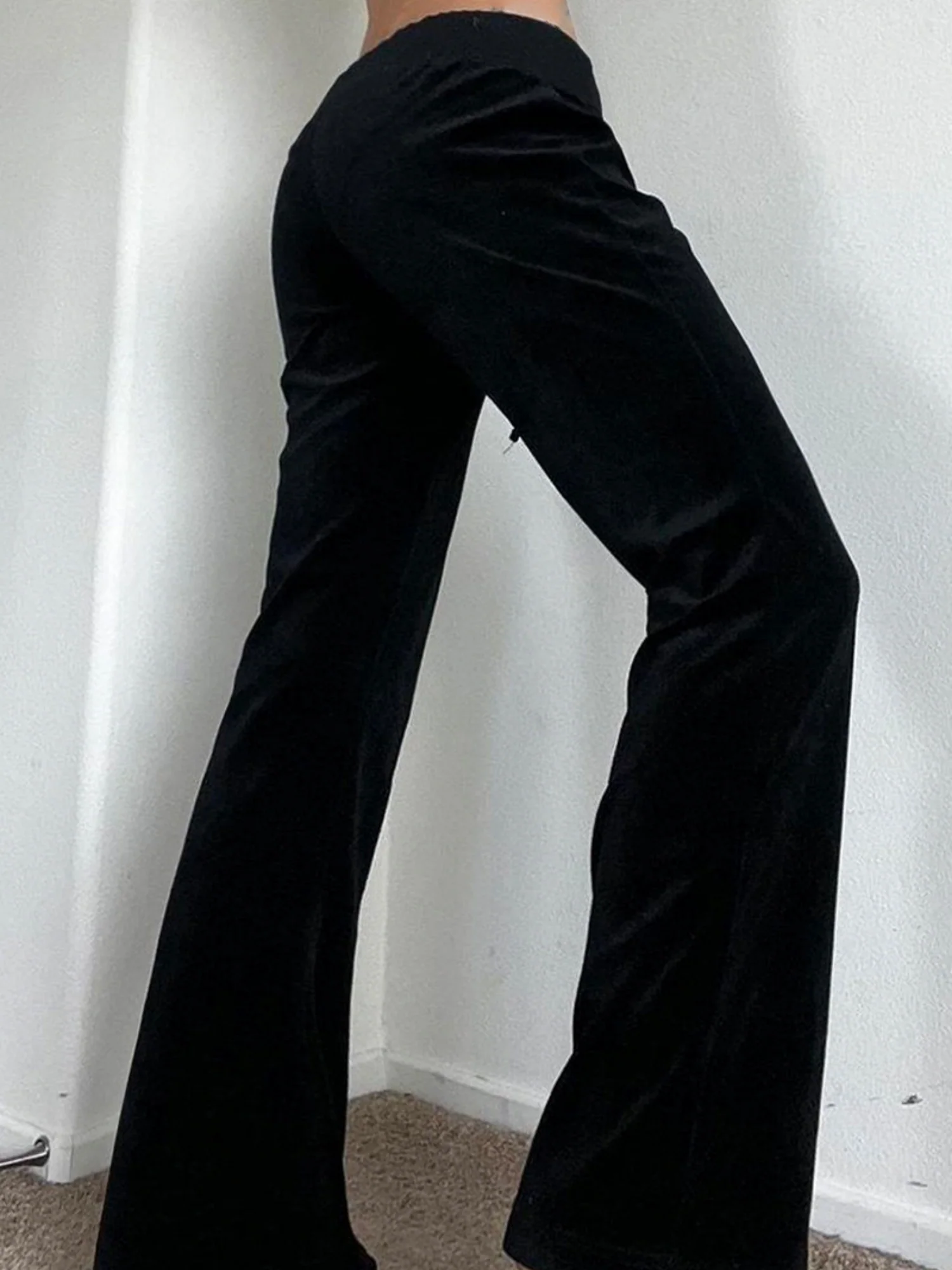 Star Rhinestones Ribbed Waistband Drawstring Low Waist Velvet Flared Pants - Image 2