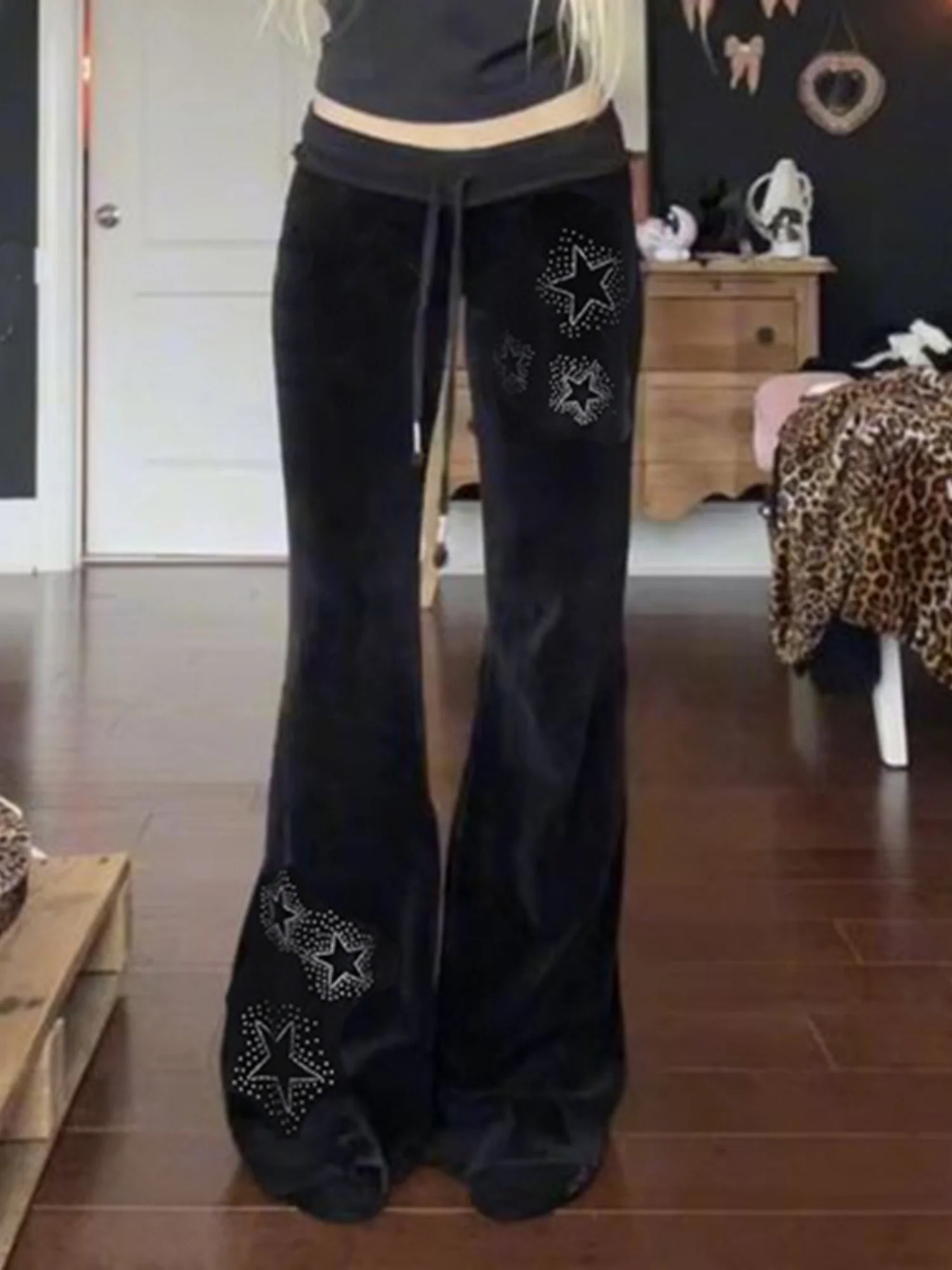 Star Rhinestones Ribbed Waistband Drawstring Low Waist Velvet Flared Pants - Image 3