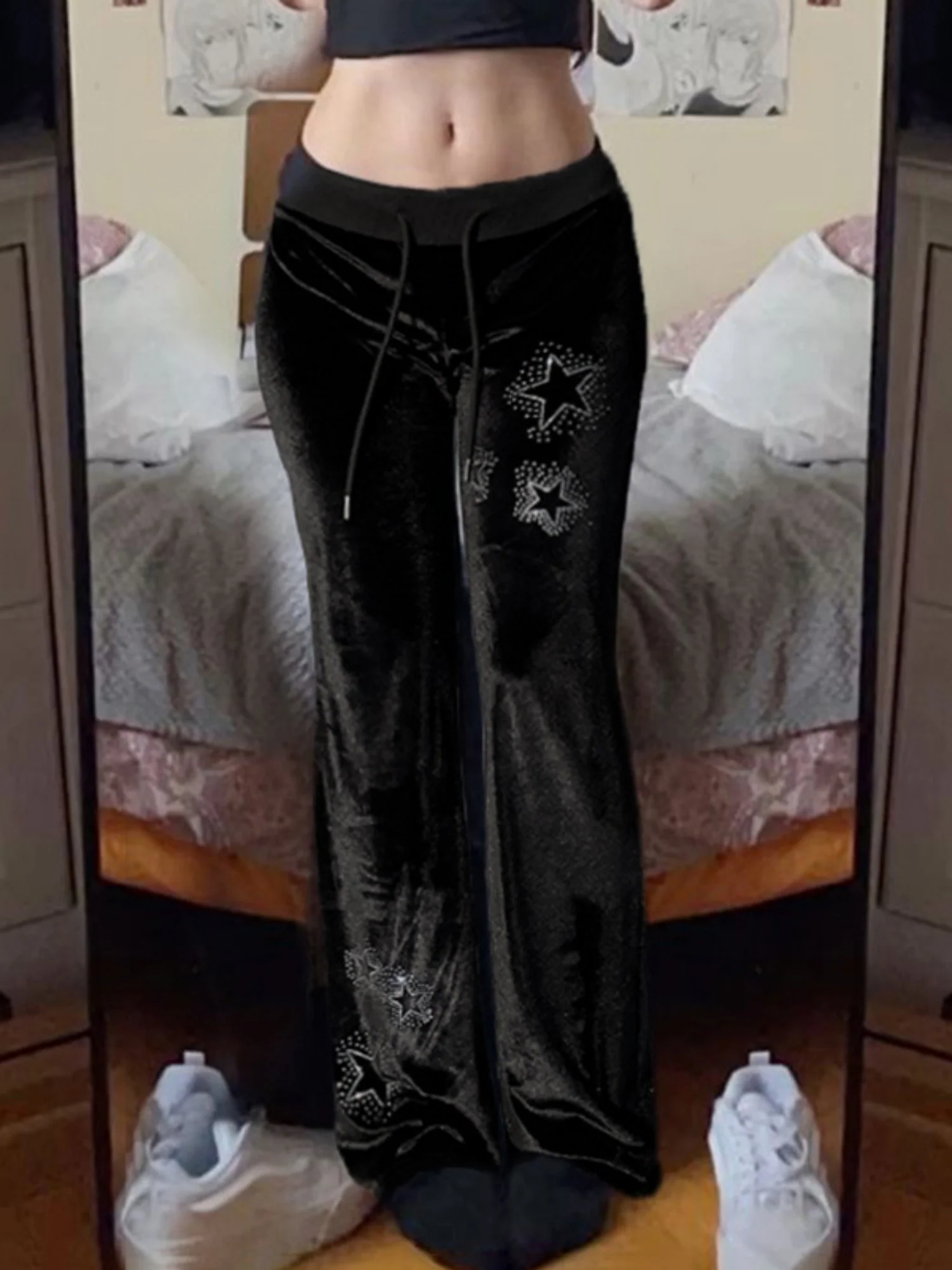 Star Rhinestones Ribbed Waistband Drawstring Low Waist Velvet Flared Pants - Image 4