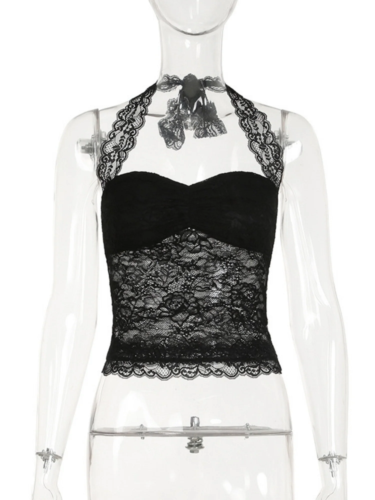 Lace Halter Neck Strap Pleated Backless Tank Tops - Image 4