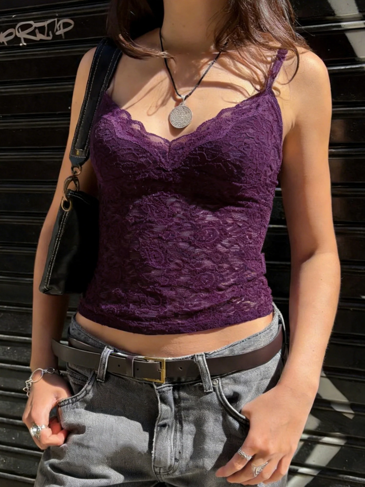 Lace Patchwork Purple V-neck Backless Tank Top - Image 3