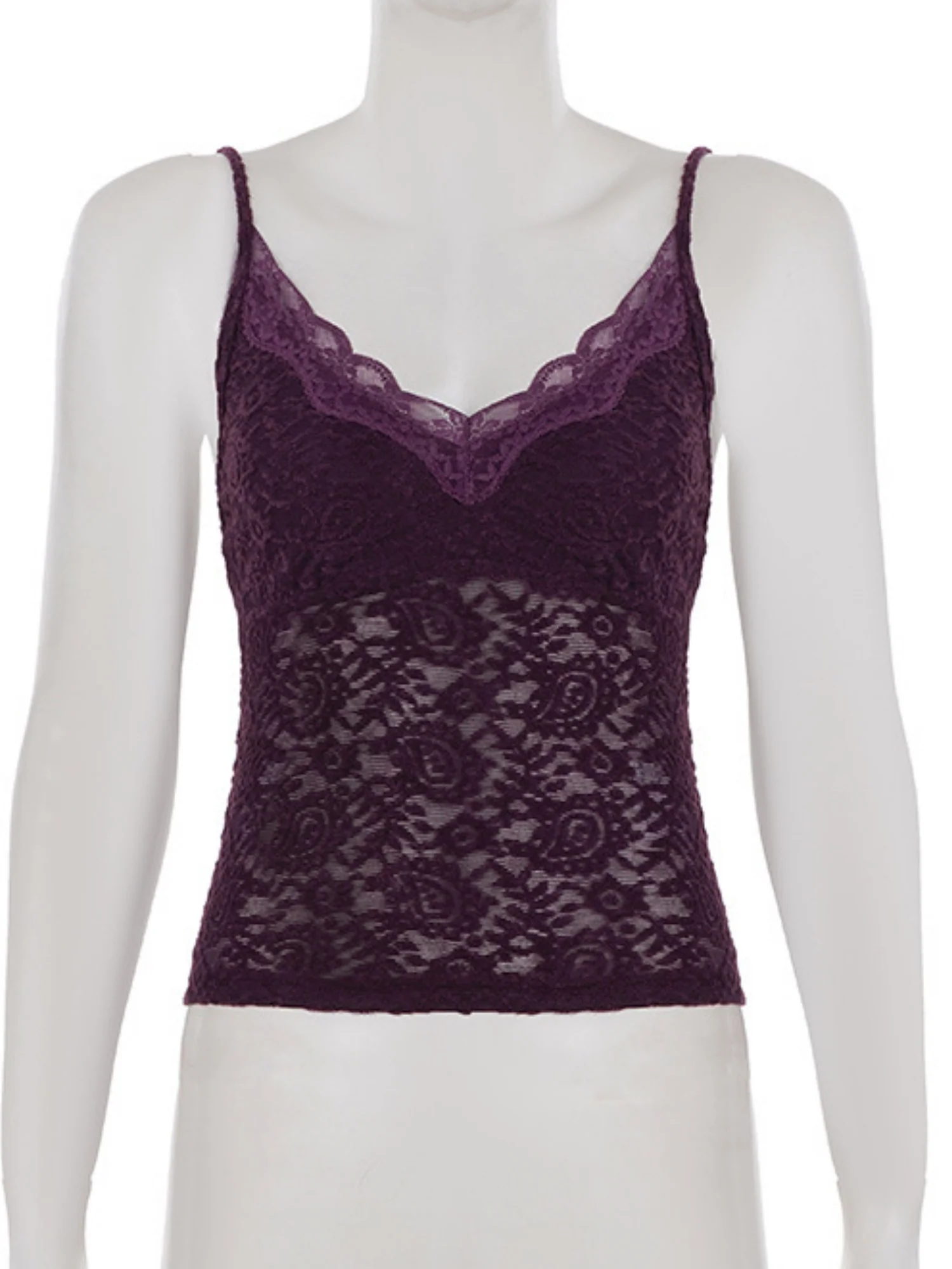 Lace Patchwork Purple V-neck Backless Tank Top - Image 4