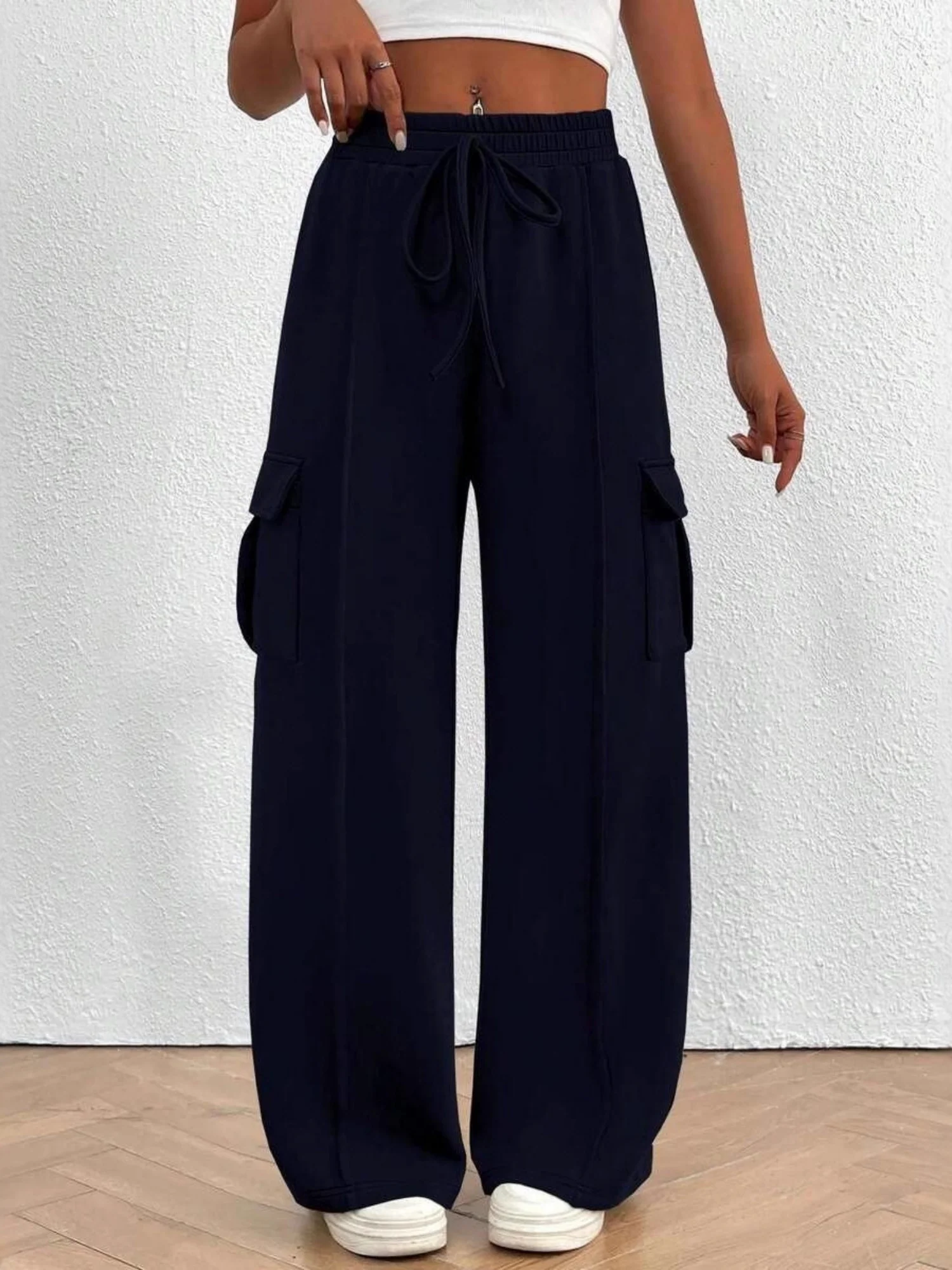 Elastic Waistband Lace Up Pocket Cargo Trousers - Image 7
