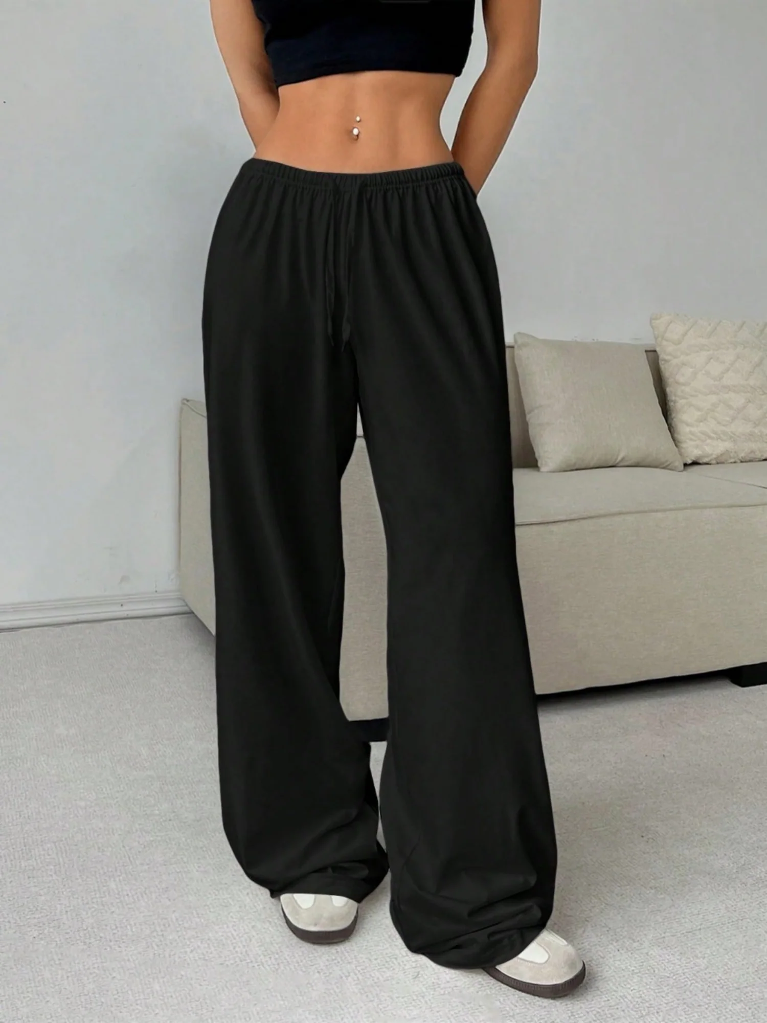 Elastic Waistband Lace Up Wide-leg Pants - Image 3