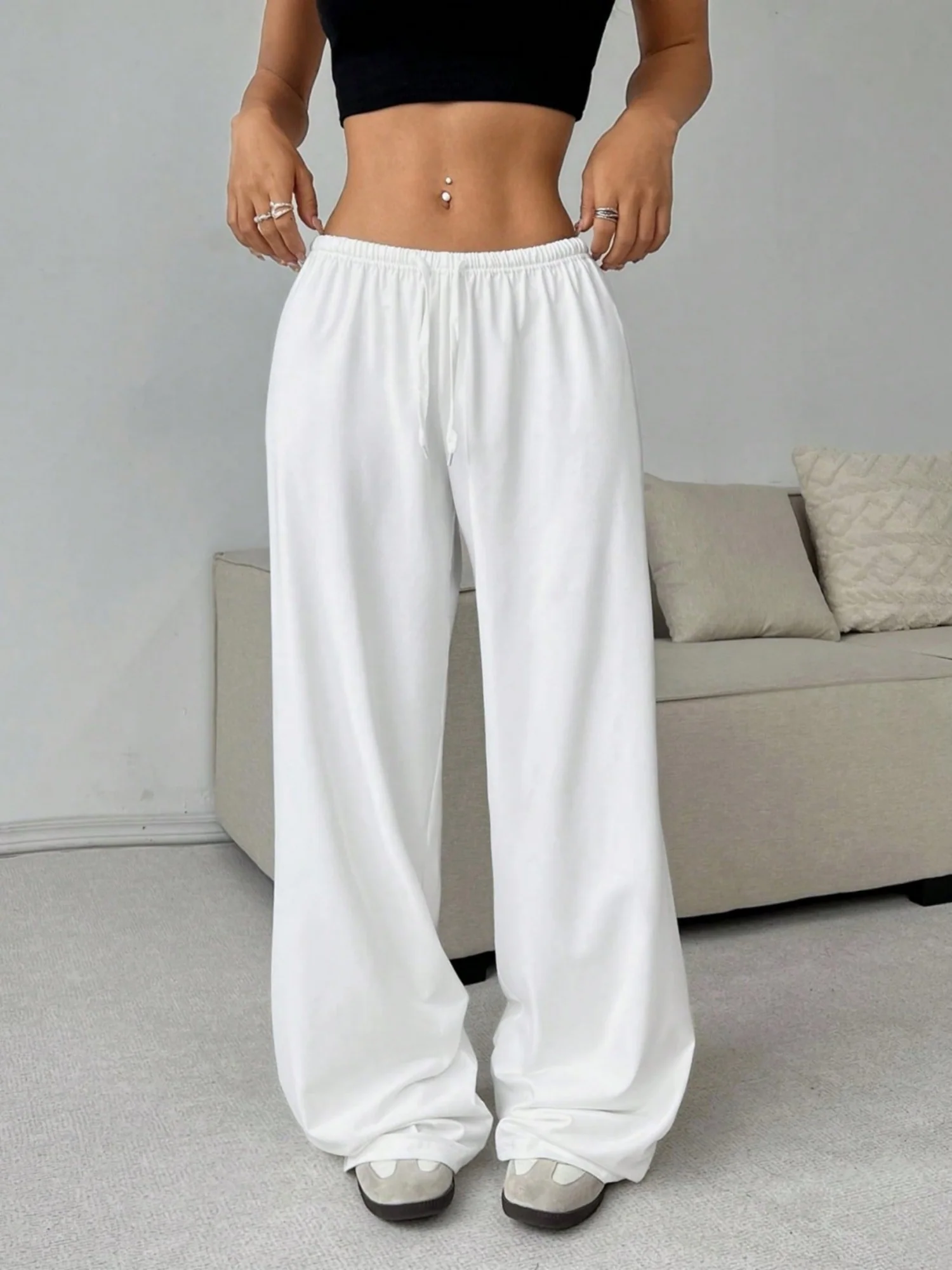 Elastic Waistband Lace Up Wide-leg Pants - Image 4