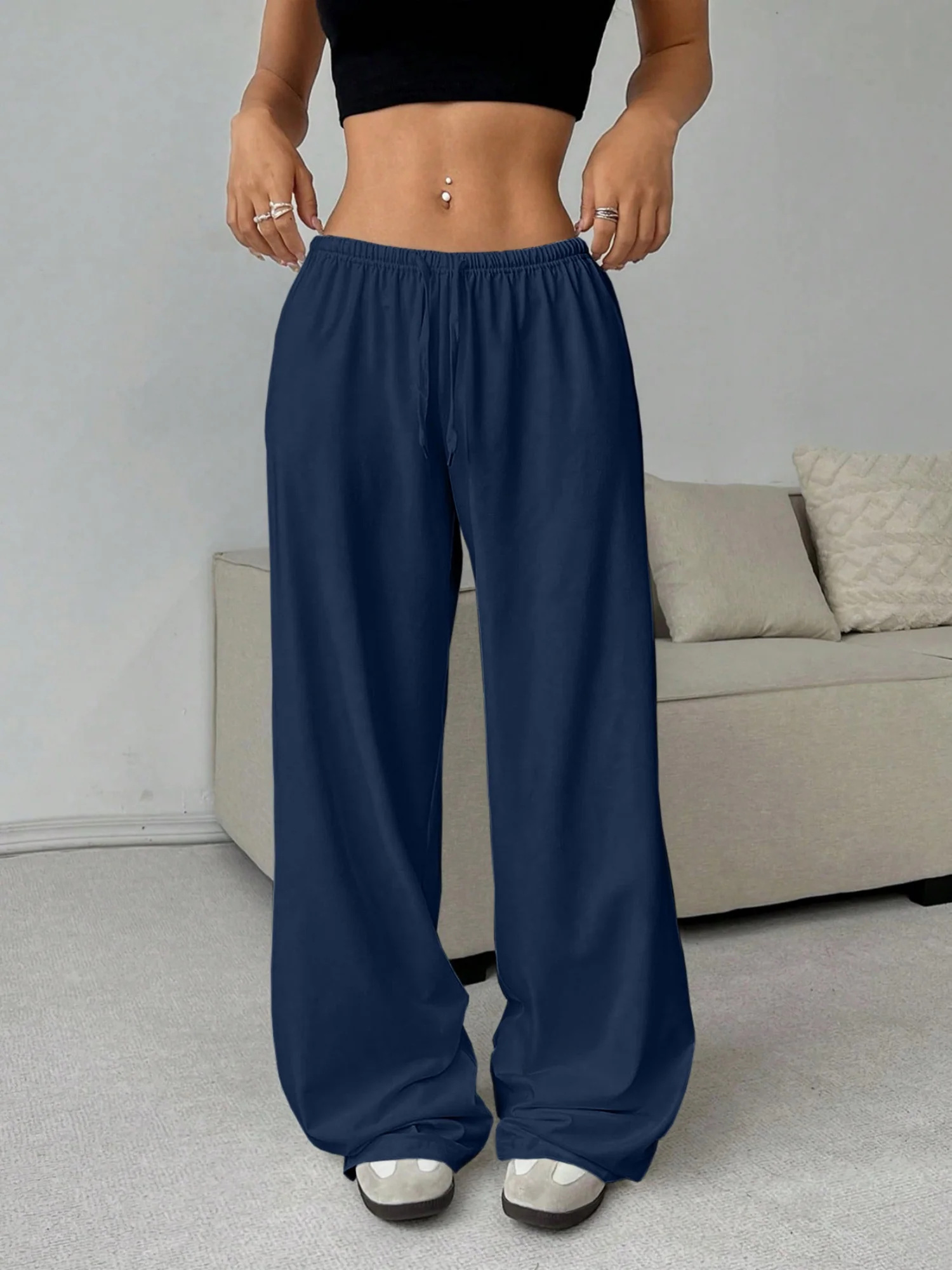 Elastic Waistband Lace Up Wide-leg Pants - Image 6