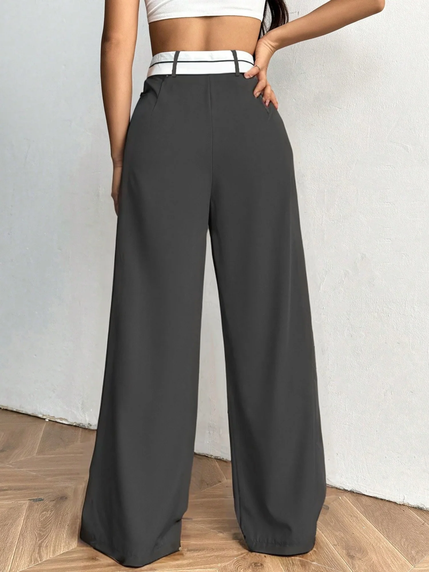 Color-blocked Suit Trousers Pocket Pleats Pants - Image 2