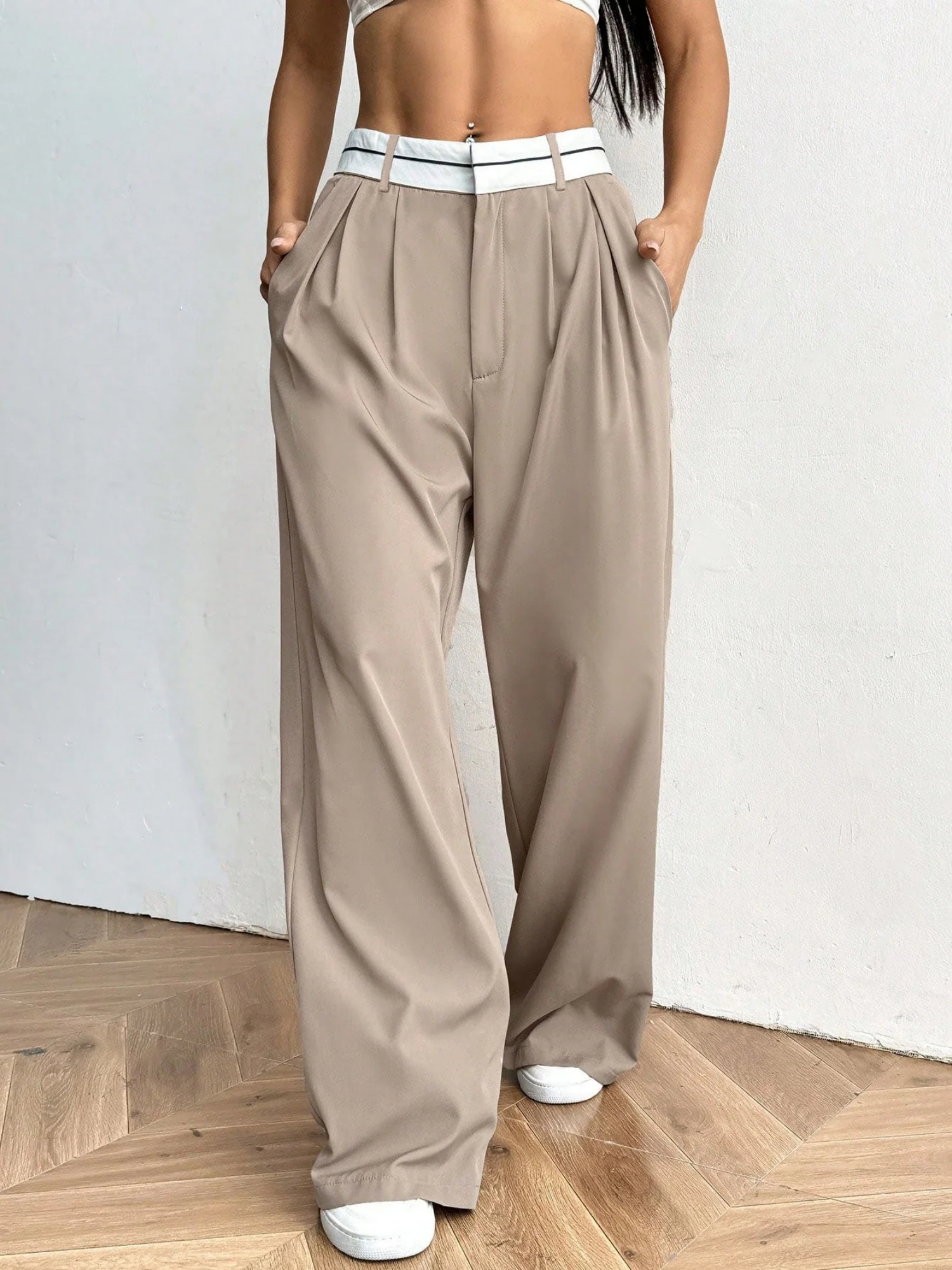 Color-blocked Suit Trousers Pocket Pleats Pants - Image 6