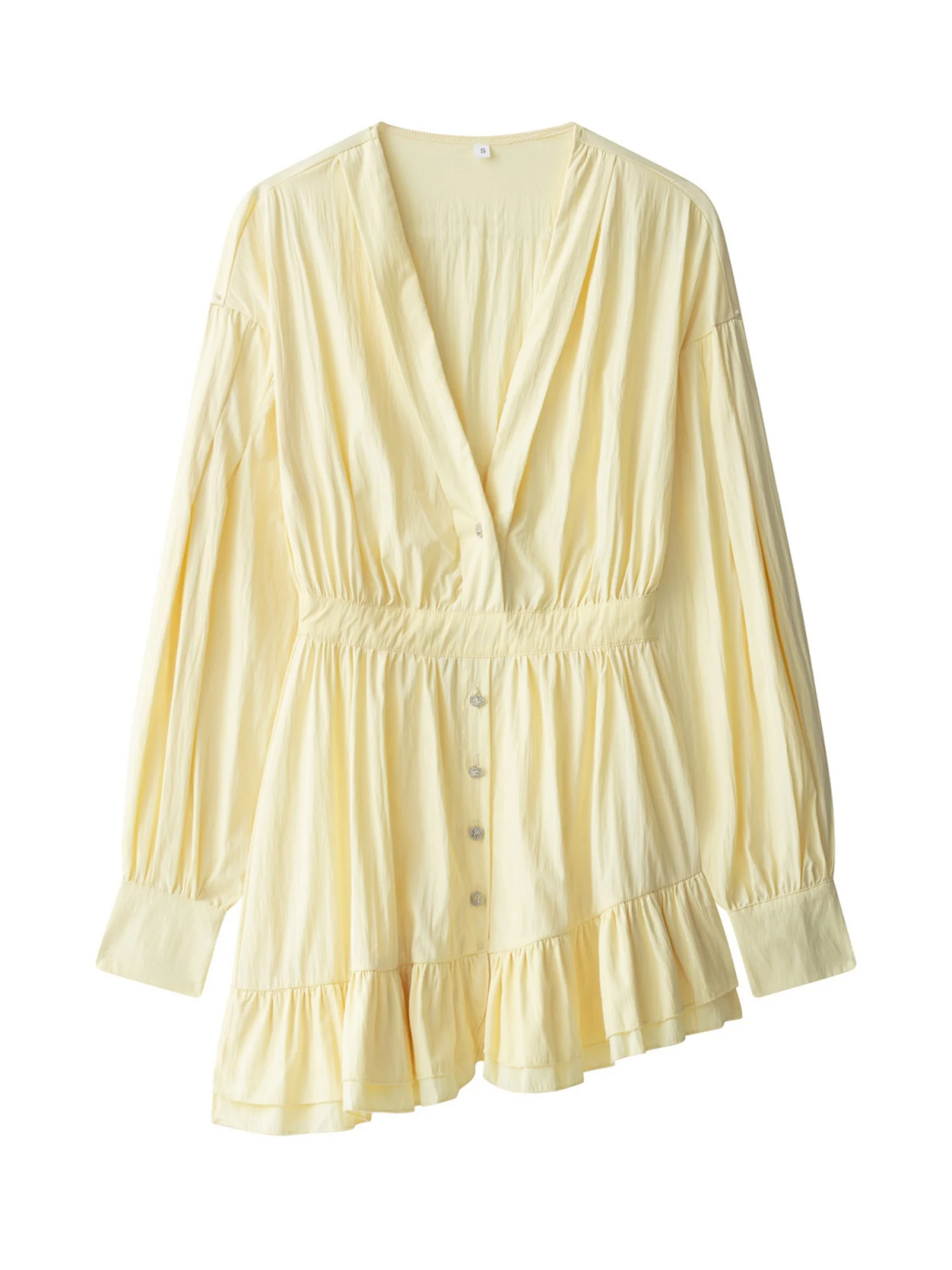Ruffle Pleated V-neck Long Sleeve Mini&Short Dresses - Image 3