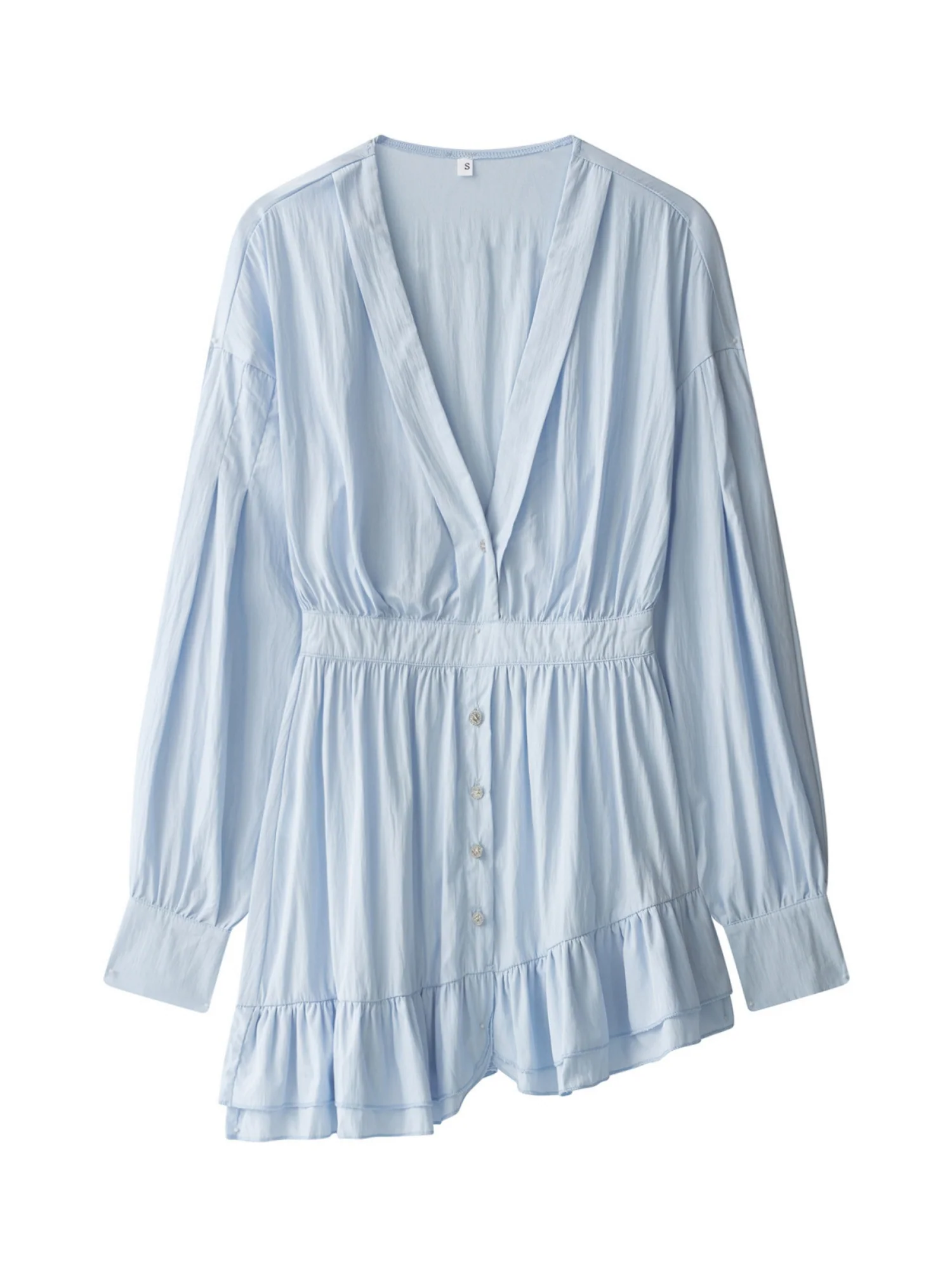 Ruffle Pleated V-neck Long Sleeve Mini&Short Dresses - Image 6