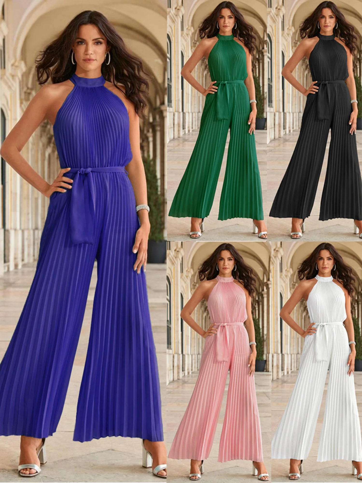 Halter-neck Sleeveless Waist Cinching With Straps High-waisted Pleats Jumpsuits - Image 2