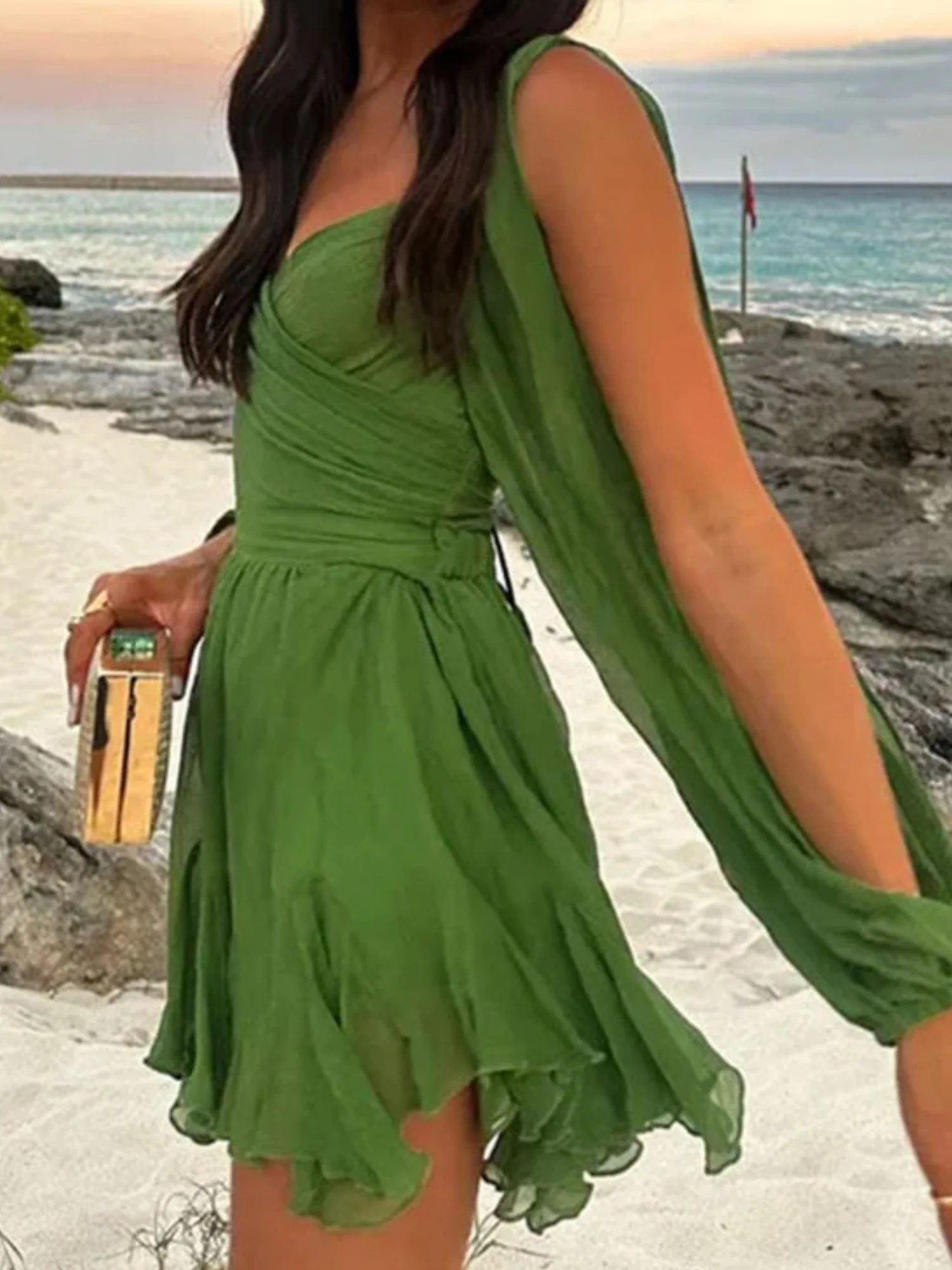 Ruffle Balloon Sleeve Hollow Out Waist Shaping Mini&Short Dresses - Image 2