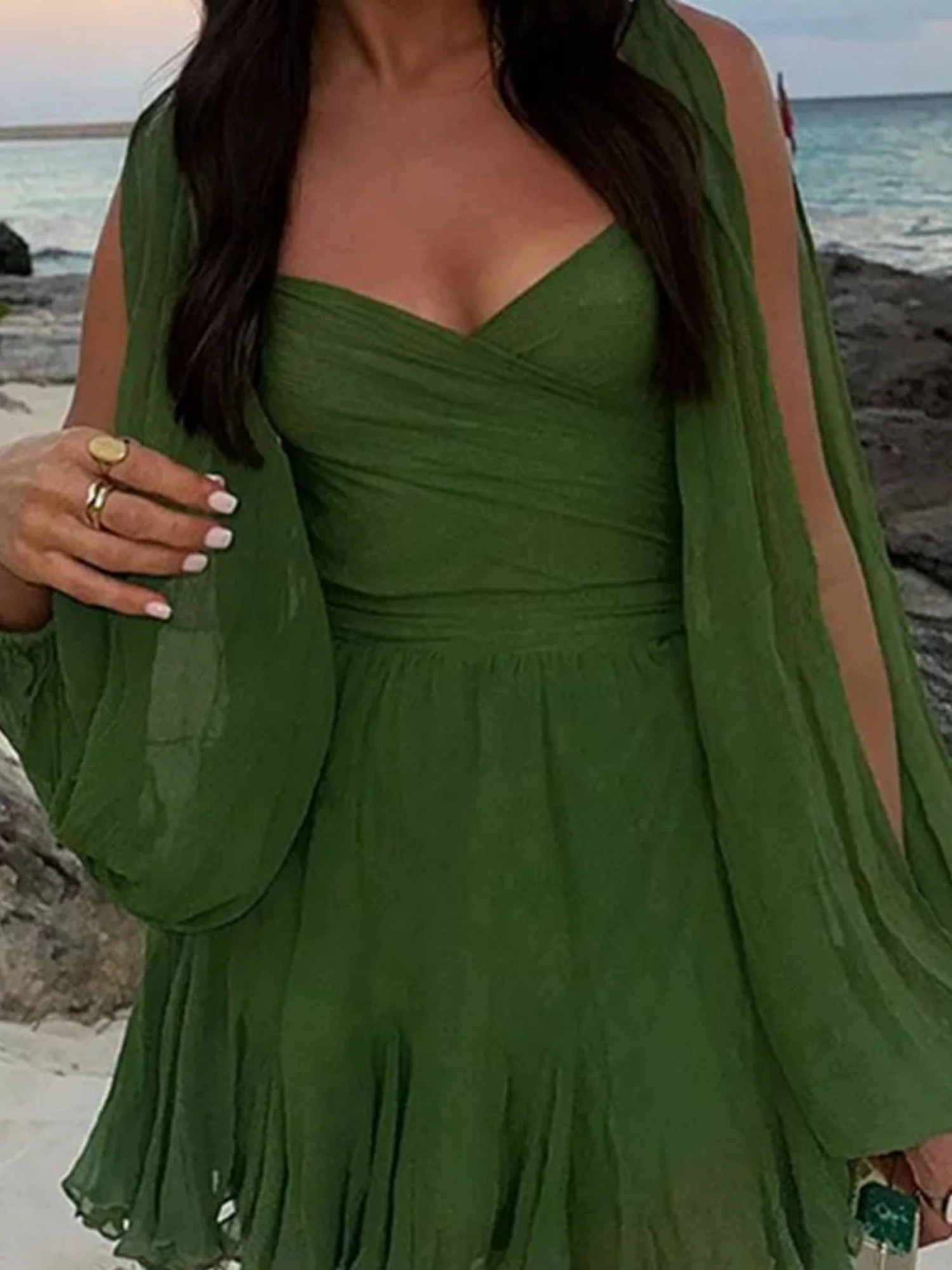 Ruffle Balloon Sleeve Hollow Out Waist Shaping Mini&Short Dresses - Image 3
