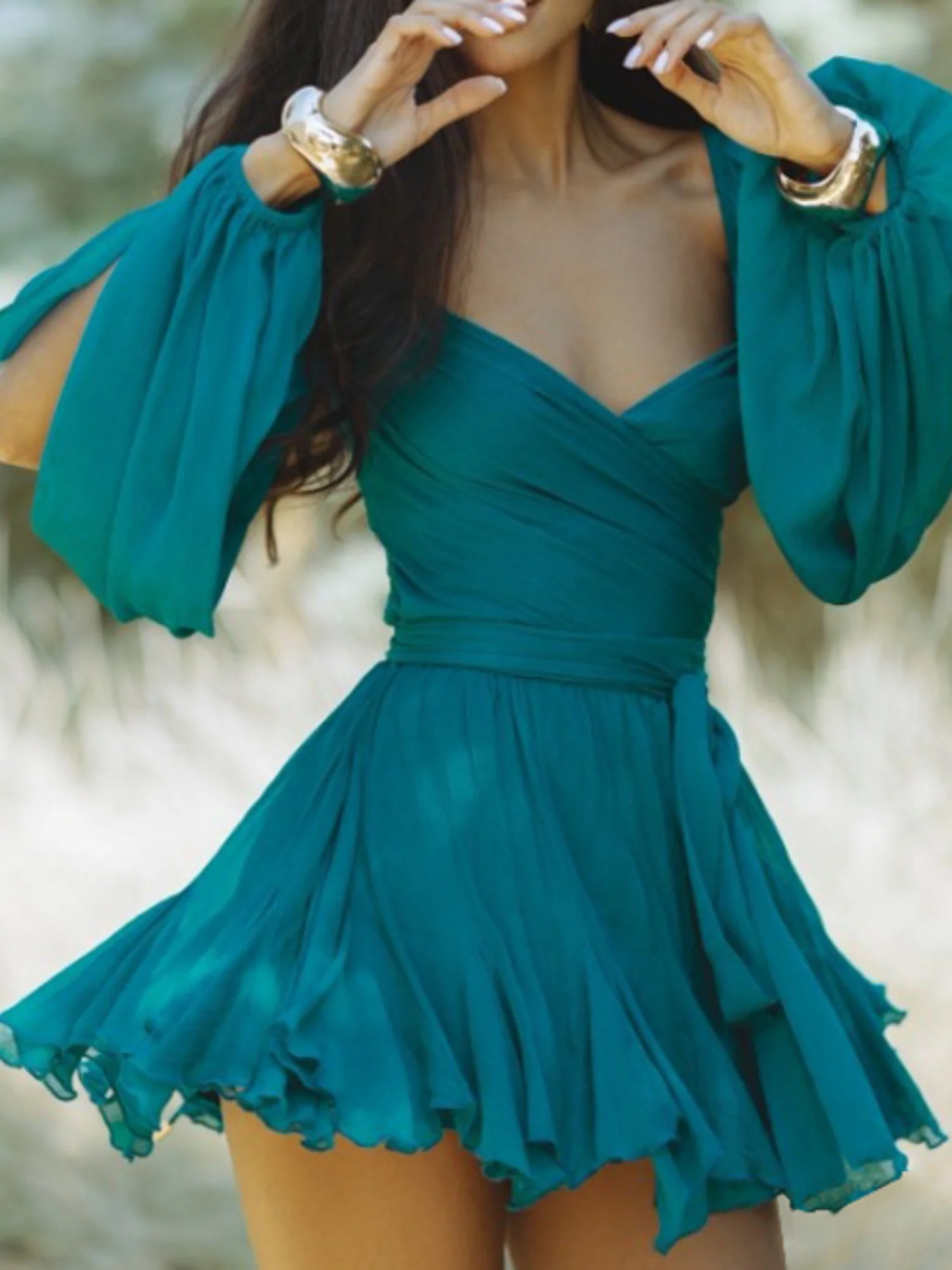 Ruffle Balloon Sleeve Hollow Out Waist Shaping Mini&Short Dresses - Image 7
