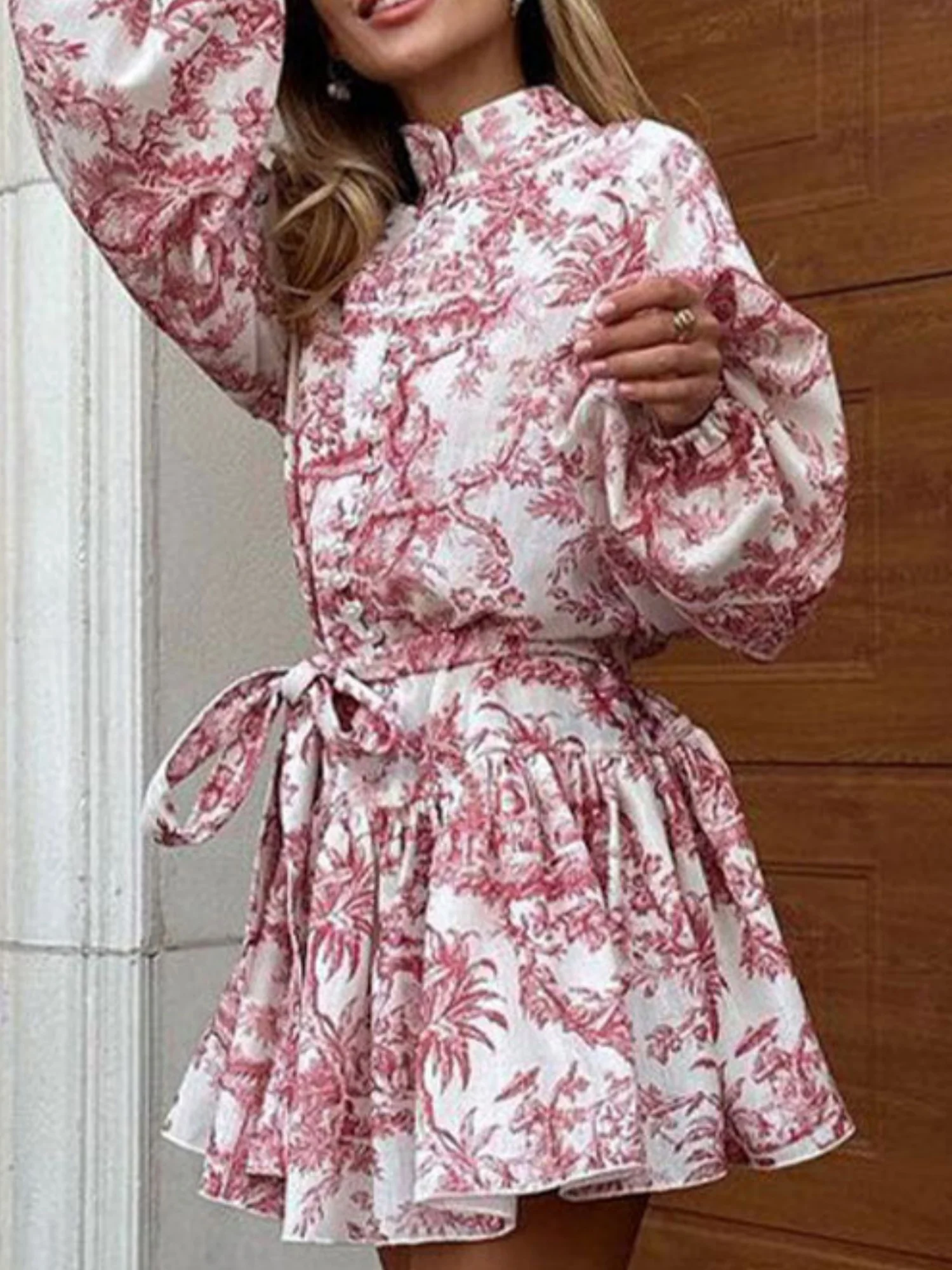 Printed Stand-up Collar Tie Balloon Sleeve Mini&Short Dresses - Image 2