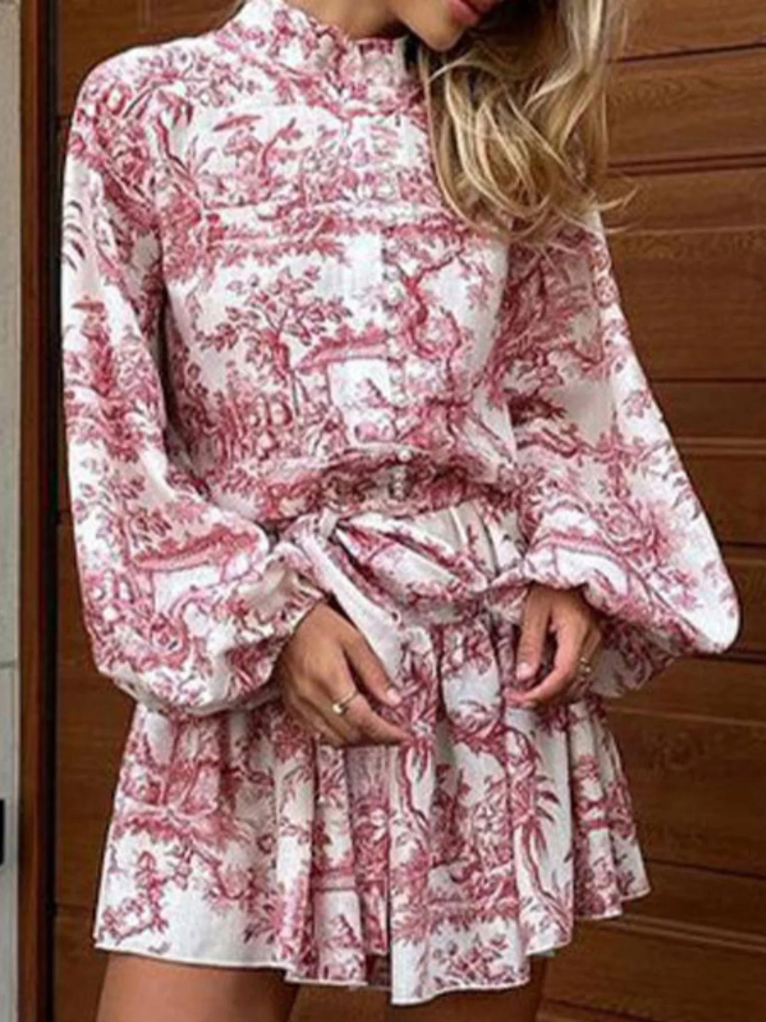 Printed Stand-up Collar Tie Balloon Sleeve Mini&Short Dresses - Image 3