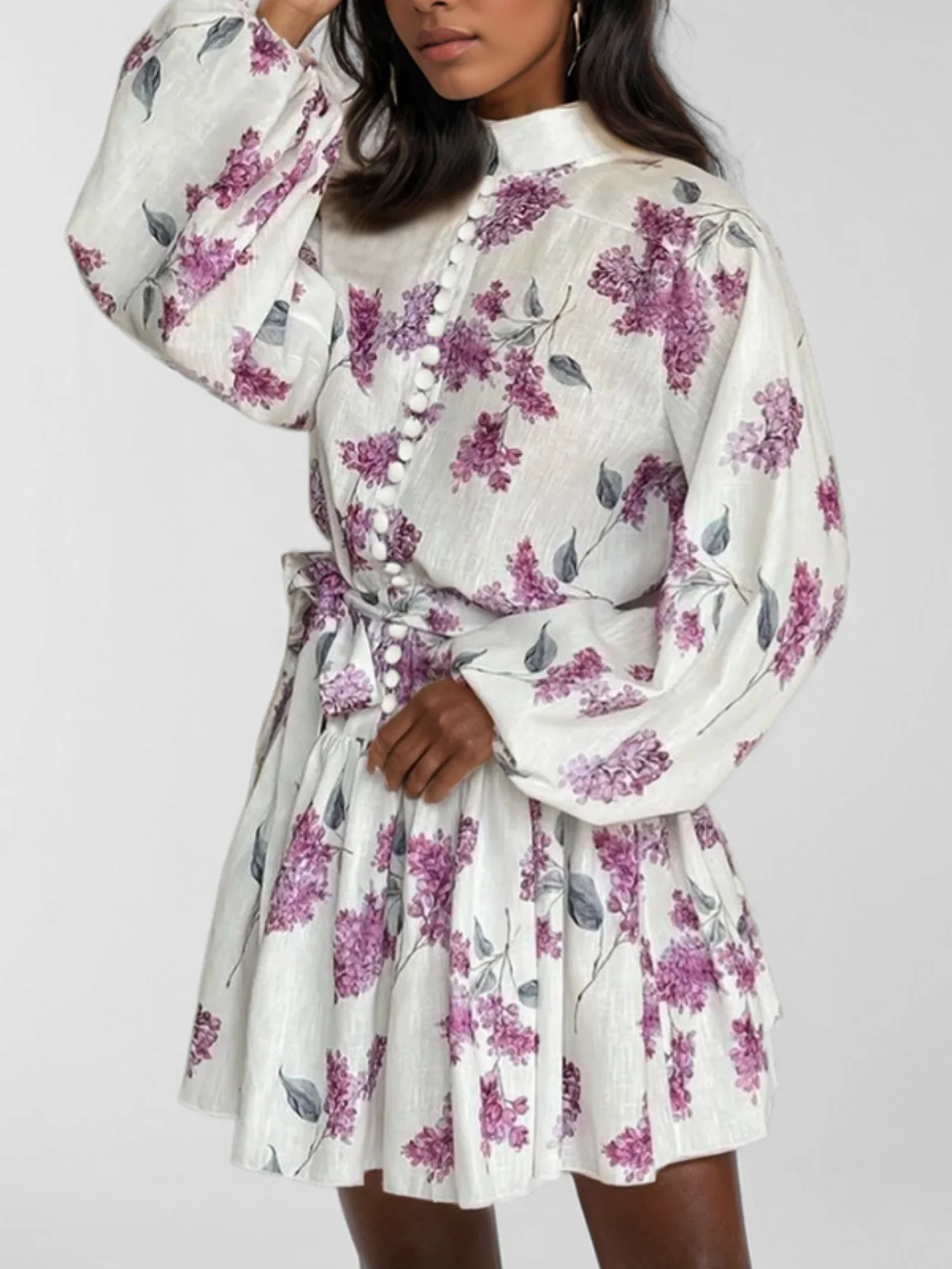 Printed Stand-up Collar Tie Balloon Sleeve Mini&Short Dresses - Image 8