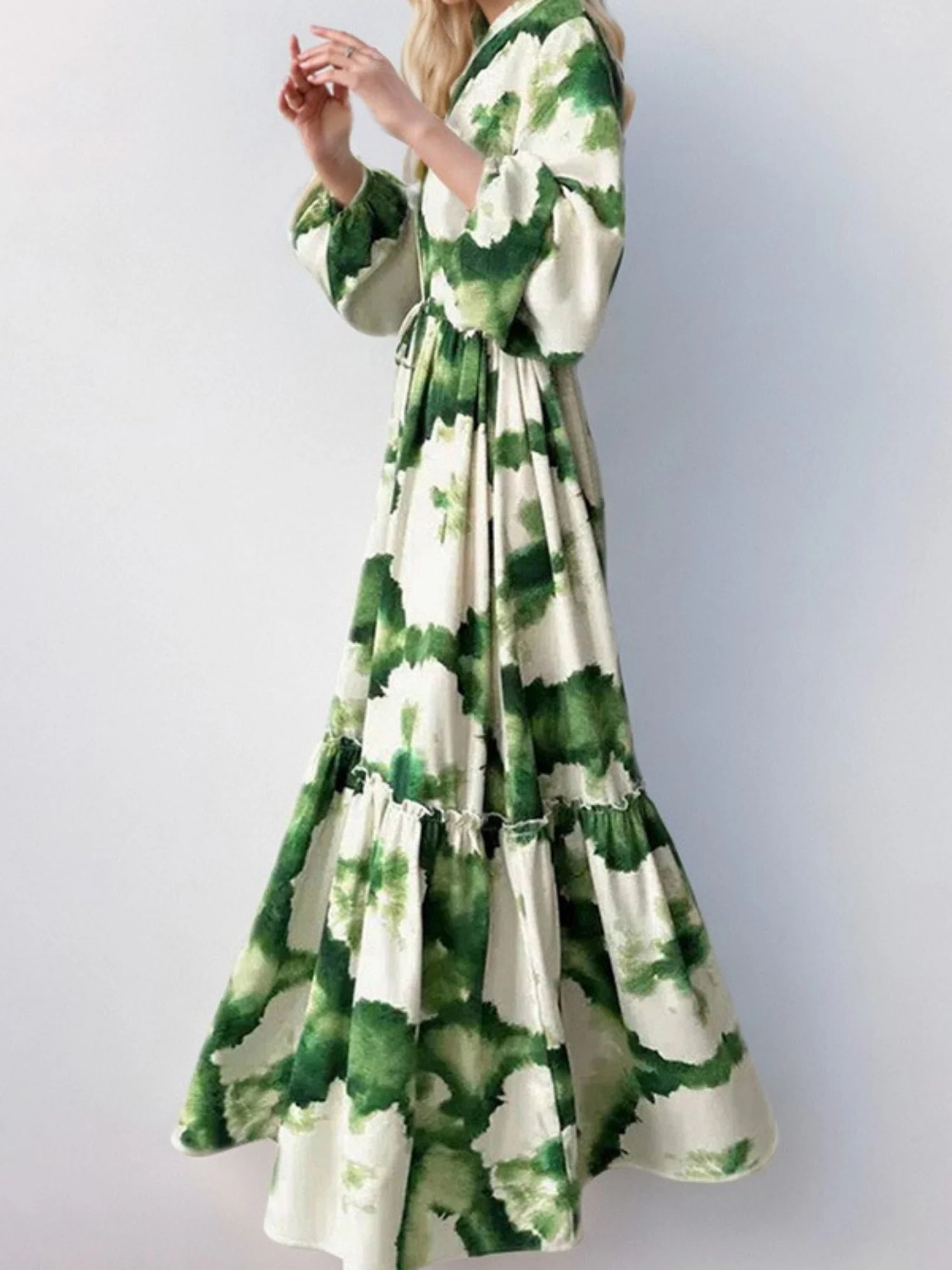 Floral Print V-neck Lantern Sleeves Large Skirt Maxi Dresses - Image 3