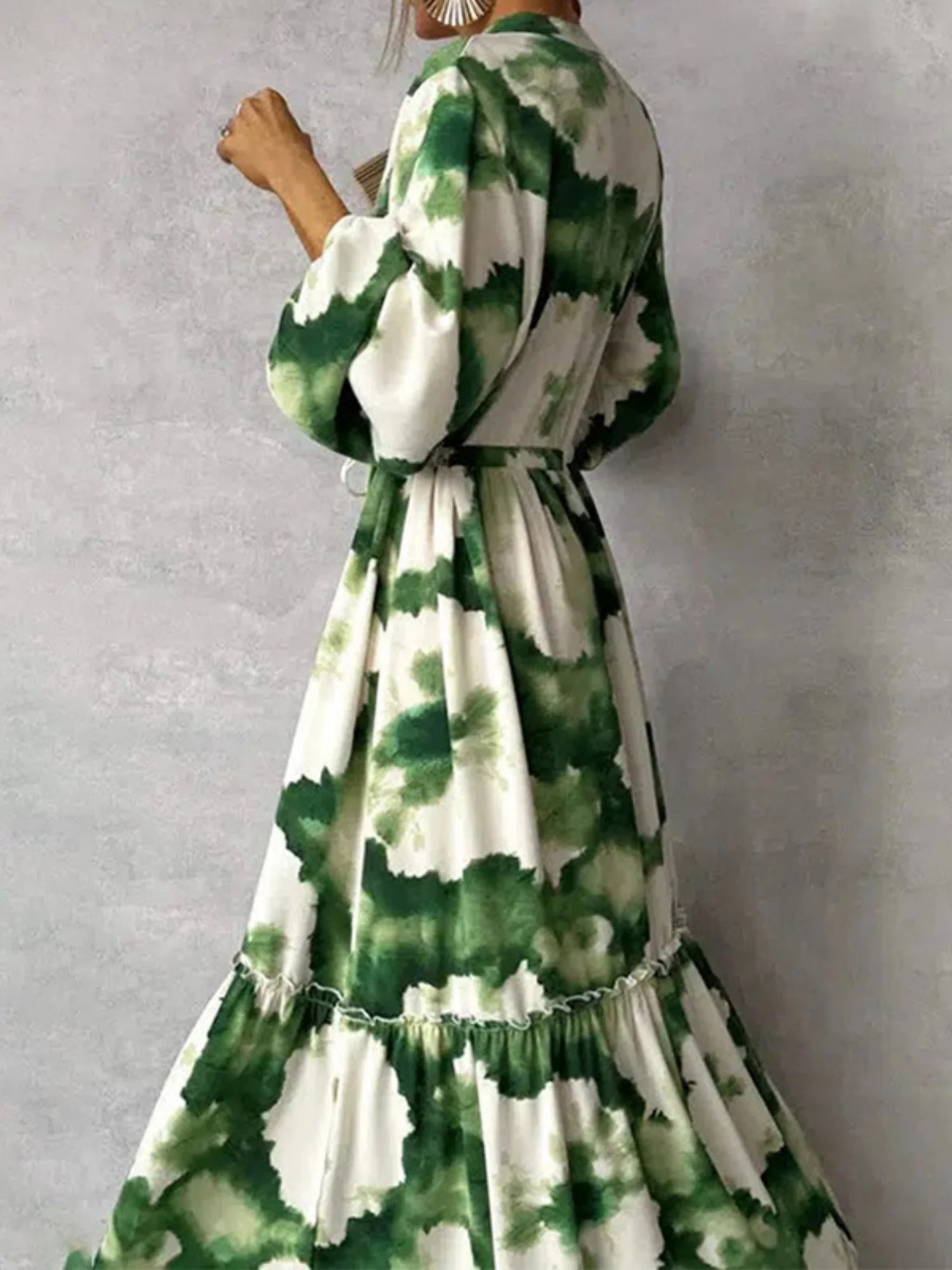 Floral Print V-neck Lantern Sleeves Large Skirt Maxi Dresses - Image 4