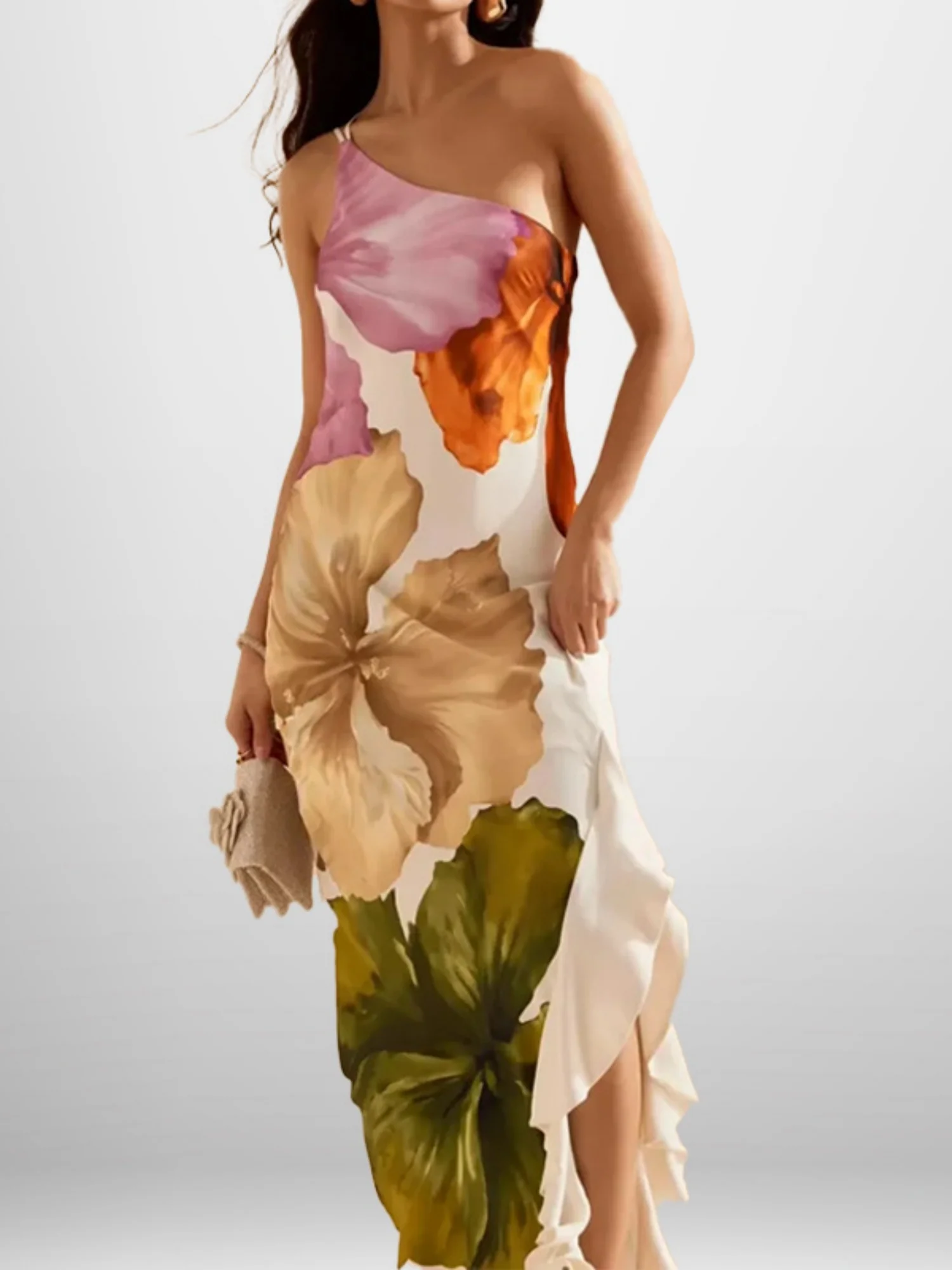 Printed Sloping Shoulders Ruffle Maxi Dresses