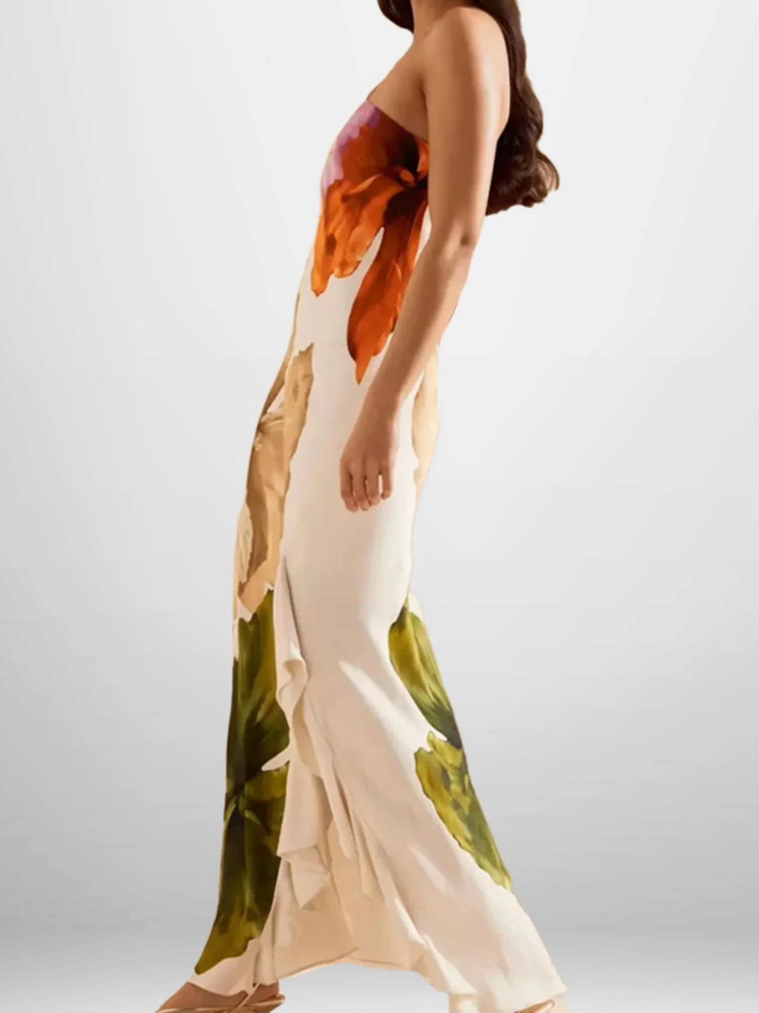 Printed Sloping Shoulders Ruffle Maxi Dresses - Image 4