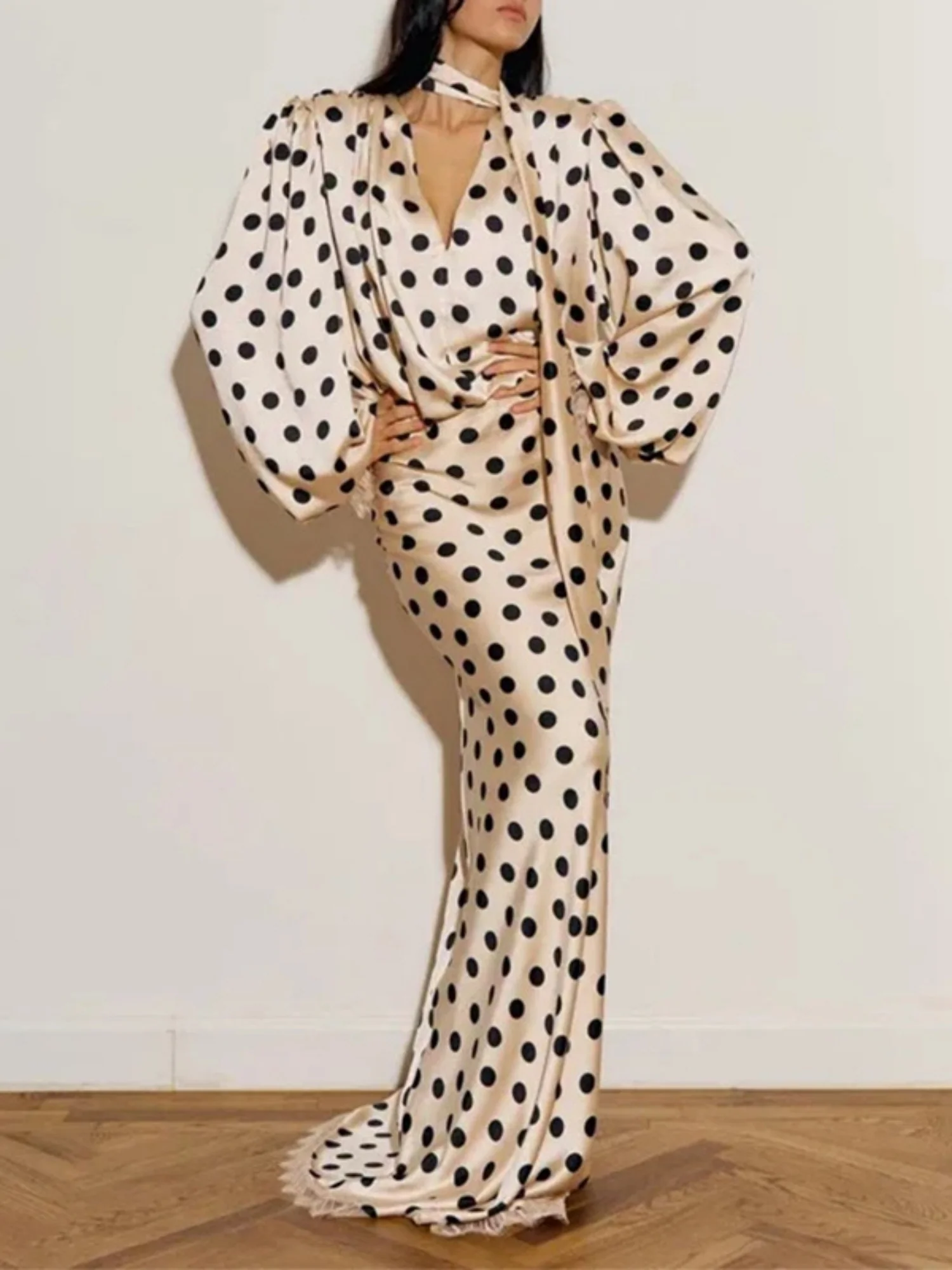 Polka Dots V-neck Puff Sleeves Waist Shaping Maxi Dresses