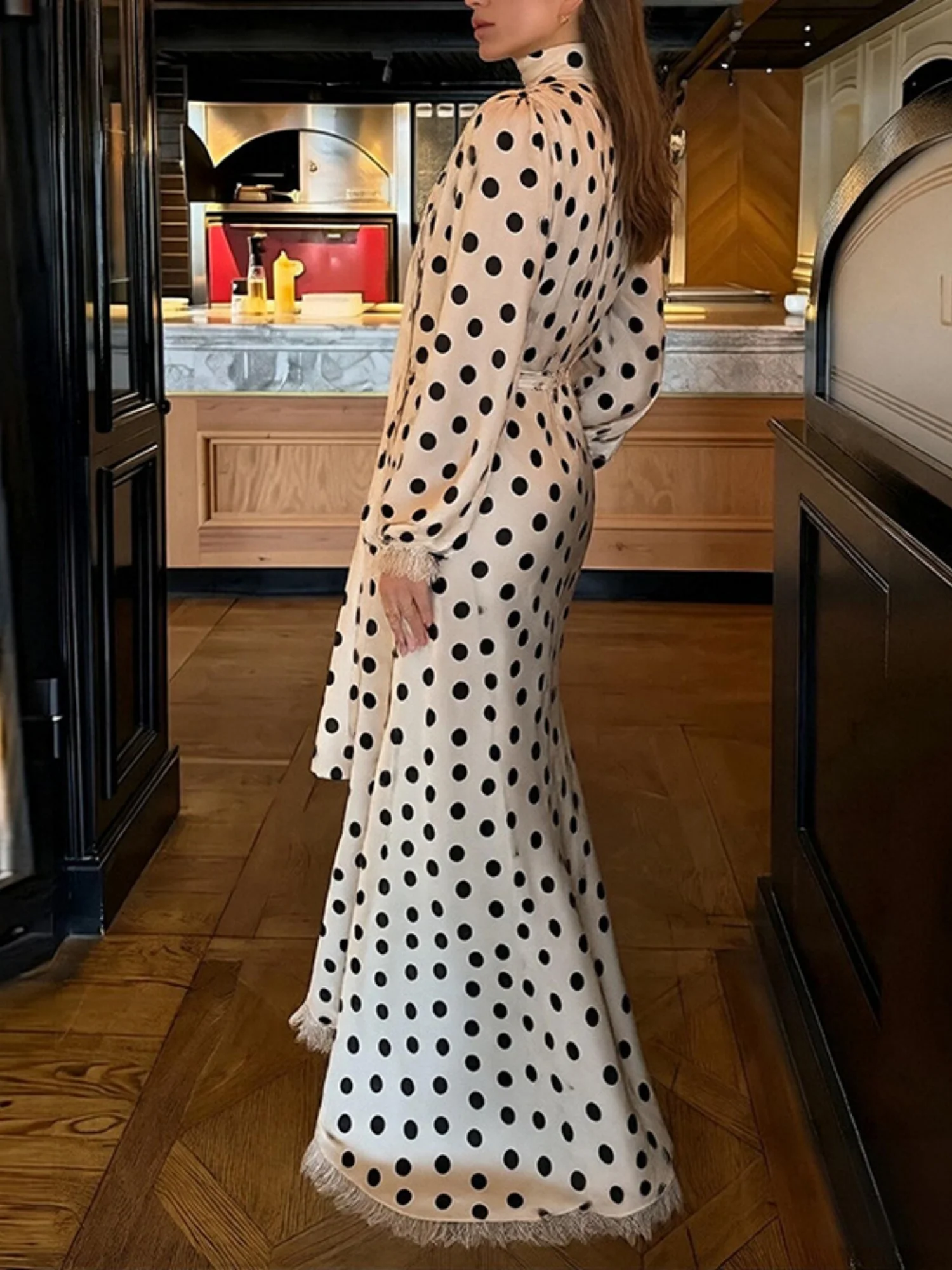 Polka Dots V-neck Puff Sleeves Waist Shaping Maxi Dresses - Image 2