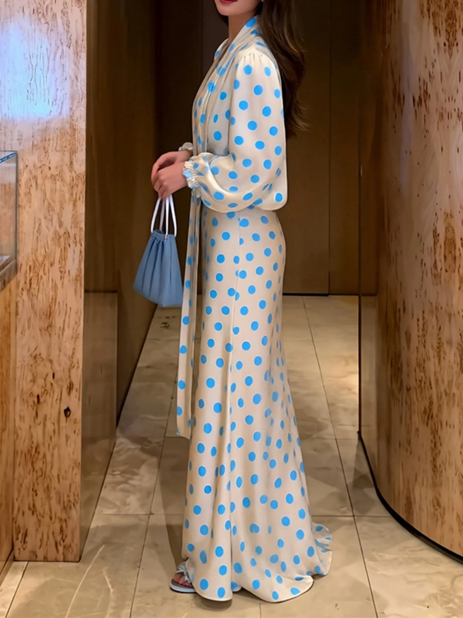 Polka Dots V-neck Puff Sleeves Waist Shaping Maxi Dresses - Image 5