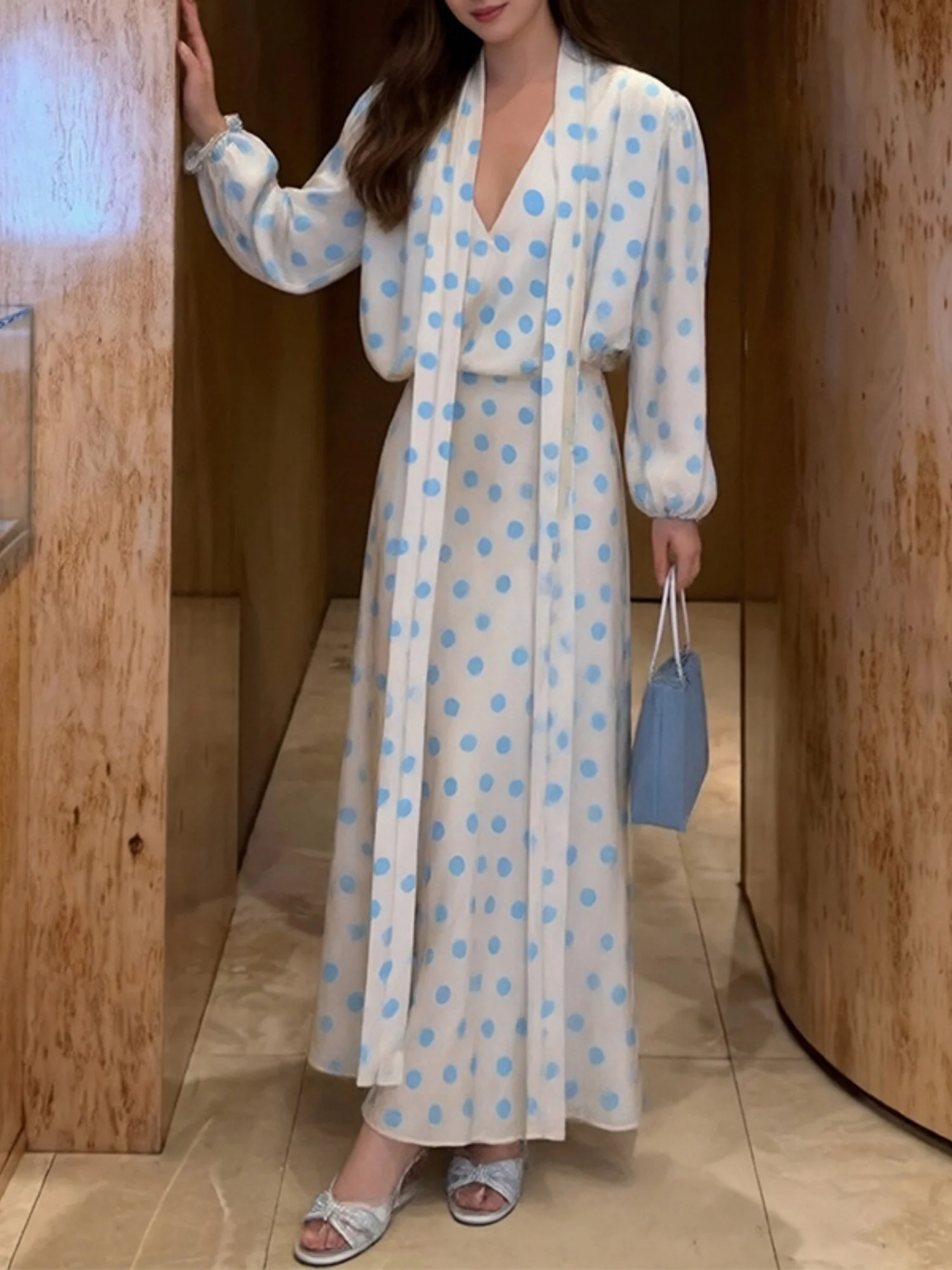 Polka Dots V-neck Puff Sleeves Waist Shaping Maxi Dresses - Image 6