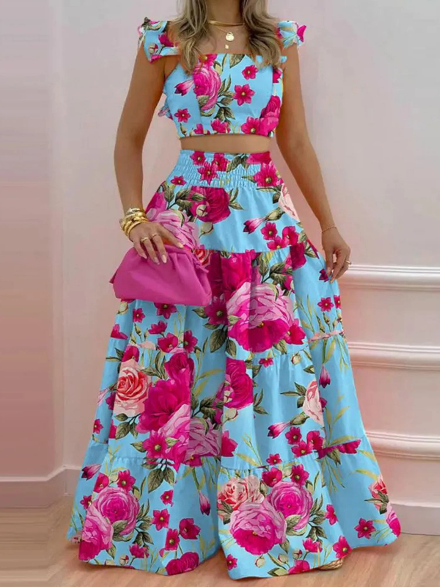 Tank Top Pleated Multi-layered Midi Skirt 2-piece Sets - Image 3