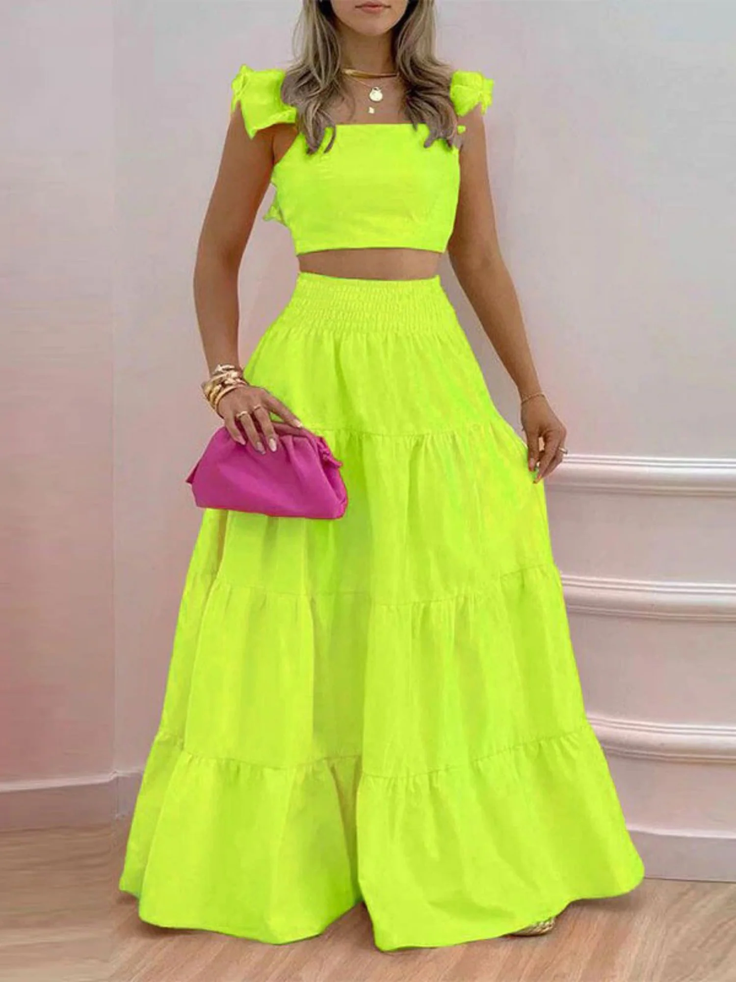Tank Top Pleated Multi-layered Midi Skirt 2-piece Sets - Image 8