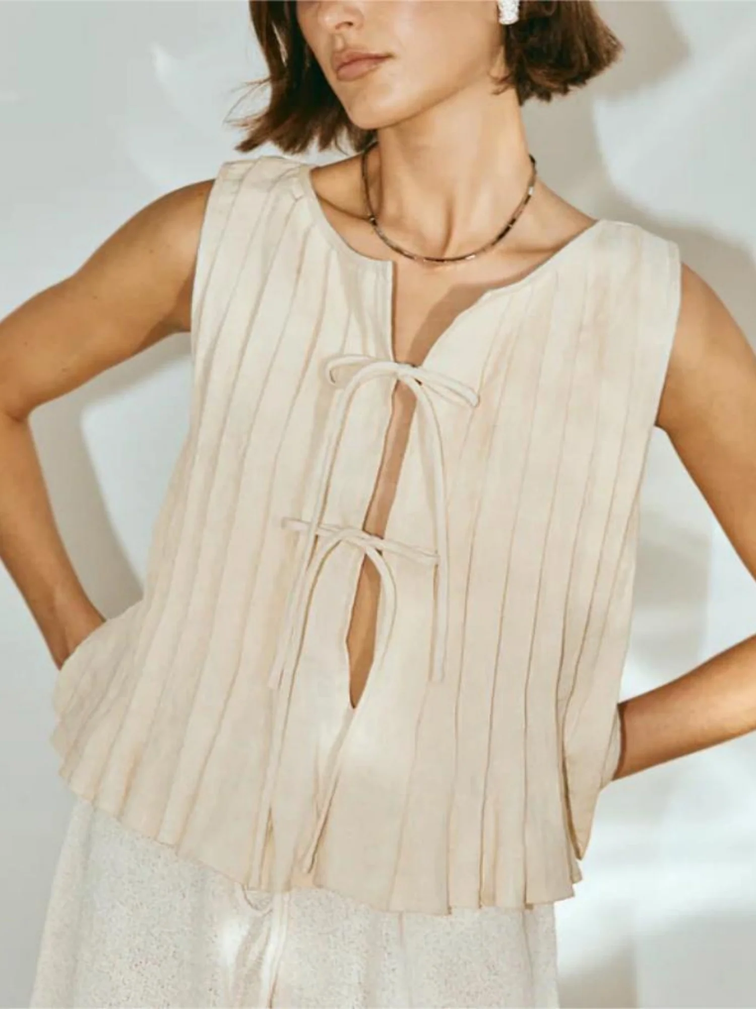 Cotton And Linen Straps Pleated Tank Tops - Image 6