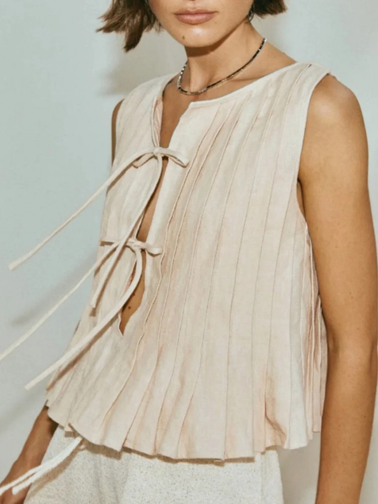 Cotton And Linen Straps Pleated Tank Tops - Image 7