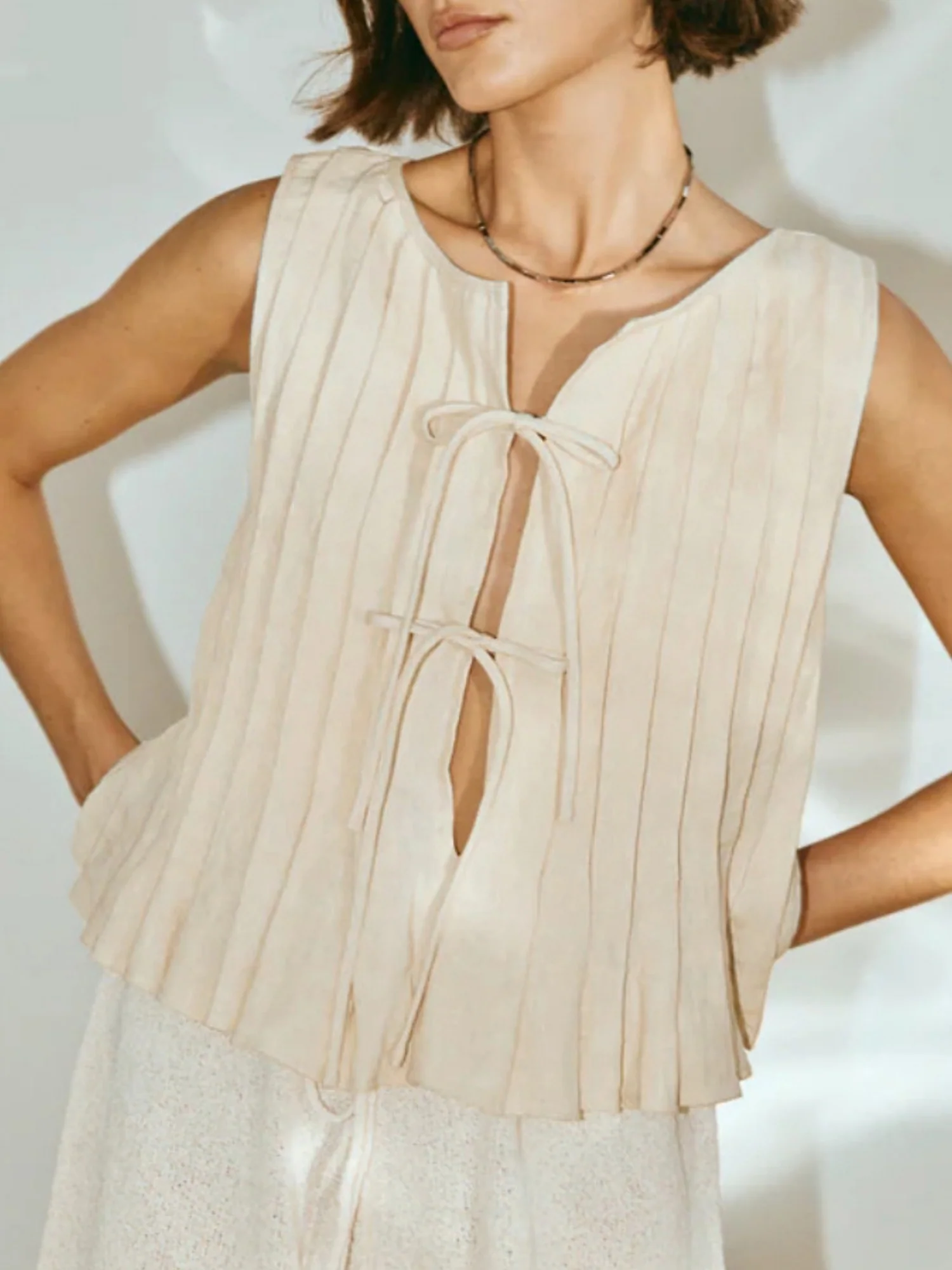 Cotton And Linen Straps Pleated Tank Tops - Image 8