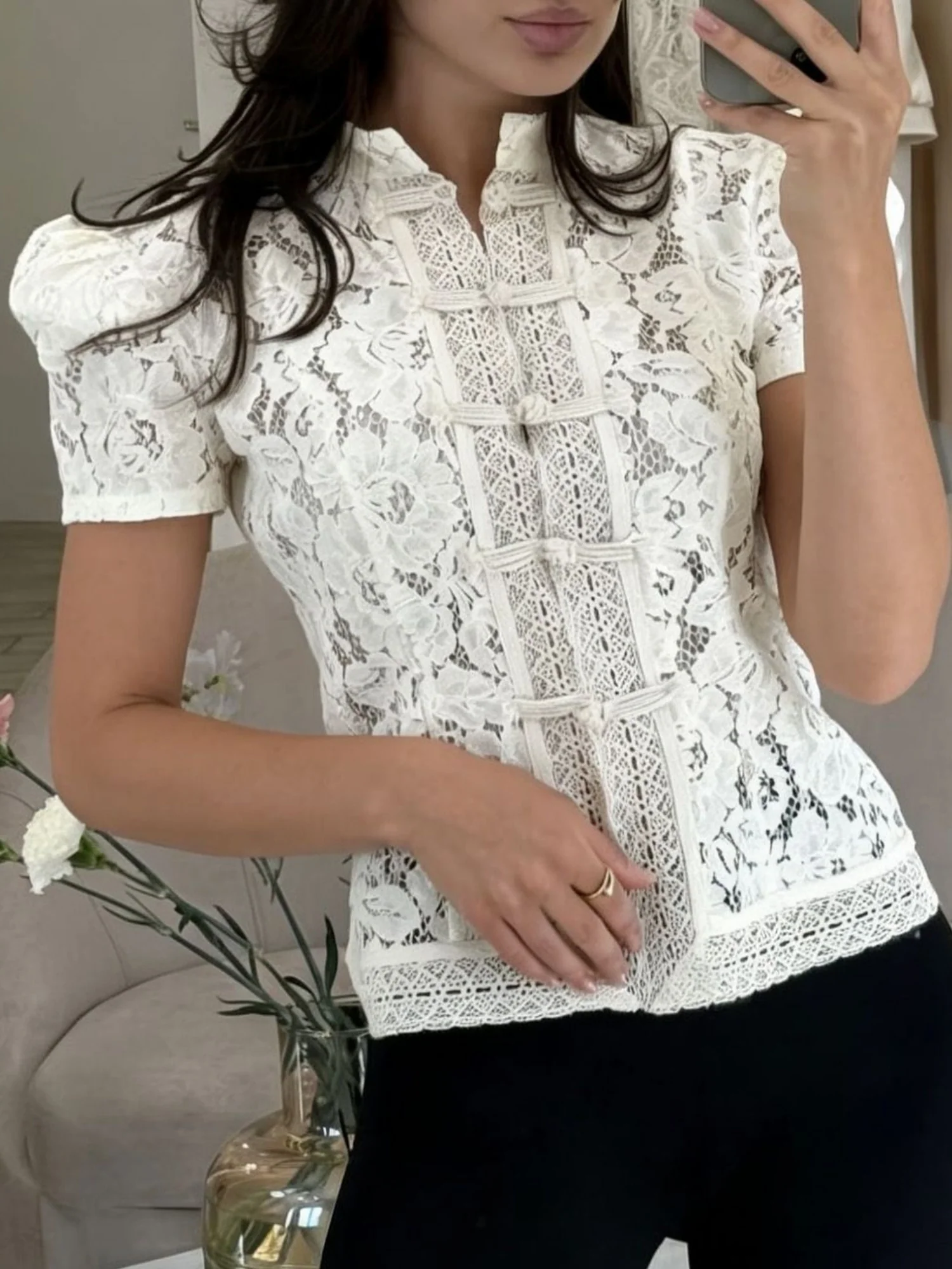 Lace Crochet Stand Collar Button Short-sleeved T-shirt - Image 3