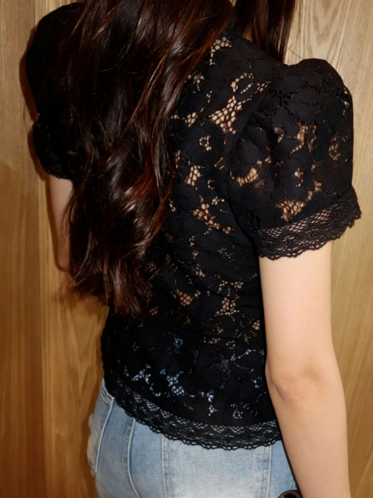 Lace Crochet Stand Collar Button Short-sleeved T-shirt - Image 6