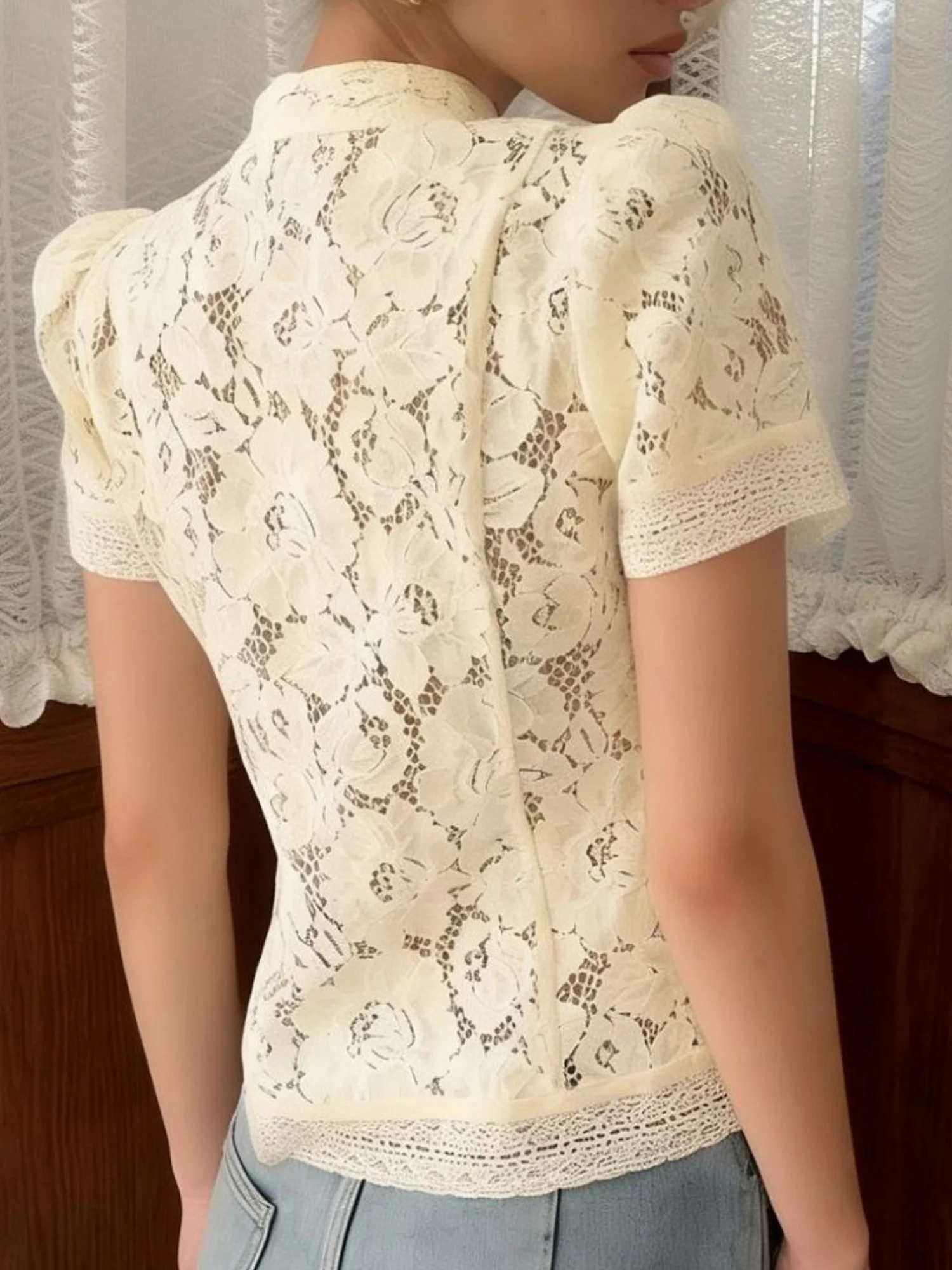 Lace Crochet Stand Collar Button Short-sleeved T-shirt - Image 8