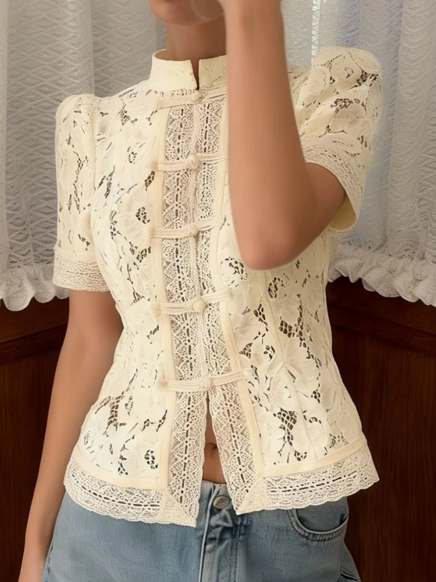 Lace Crochet Stand Collar Button Short-sleeved T-shirt - Image 9