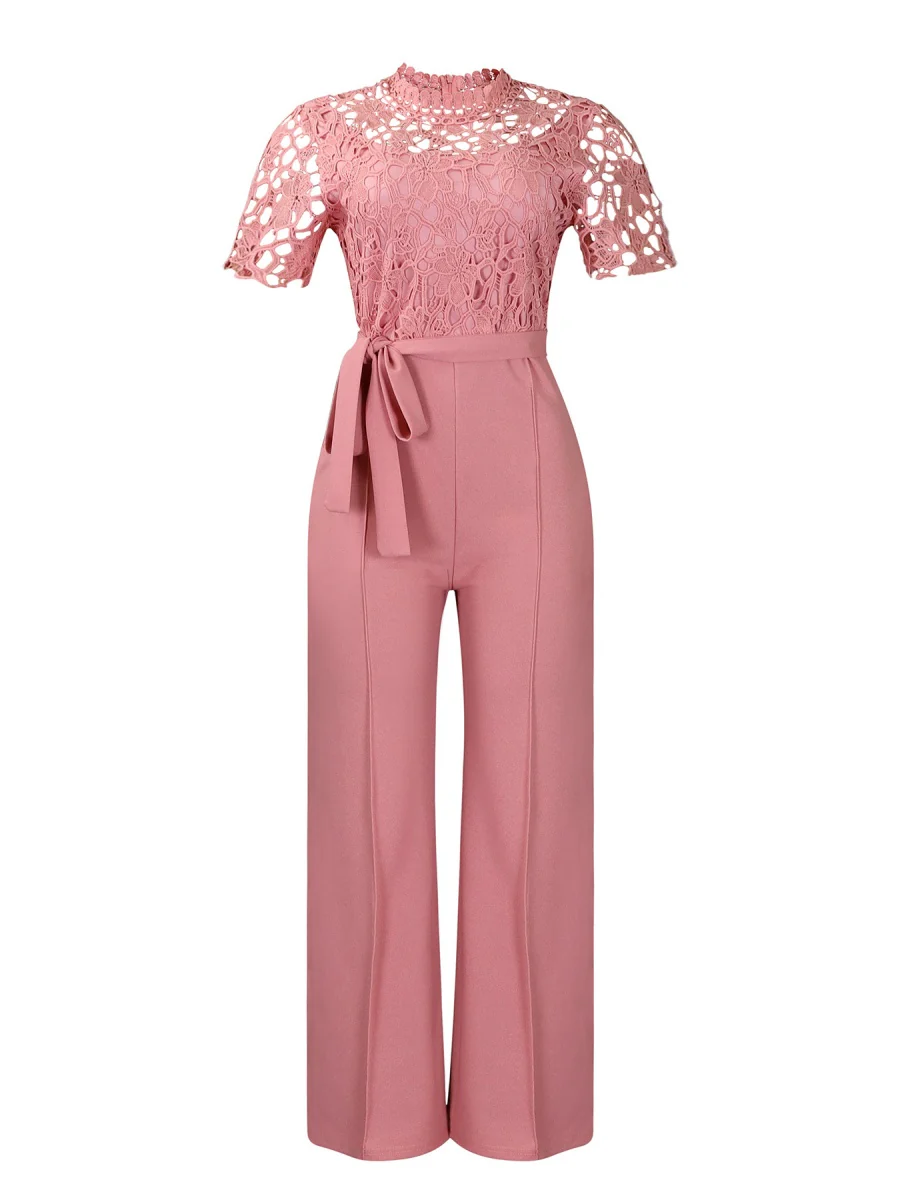 Lace Trim Hollow Short Sleeve Bandage High Waist Wide Leg Jumpsuits - Image 10