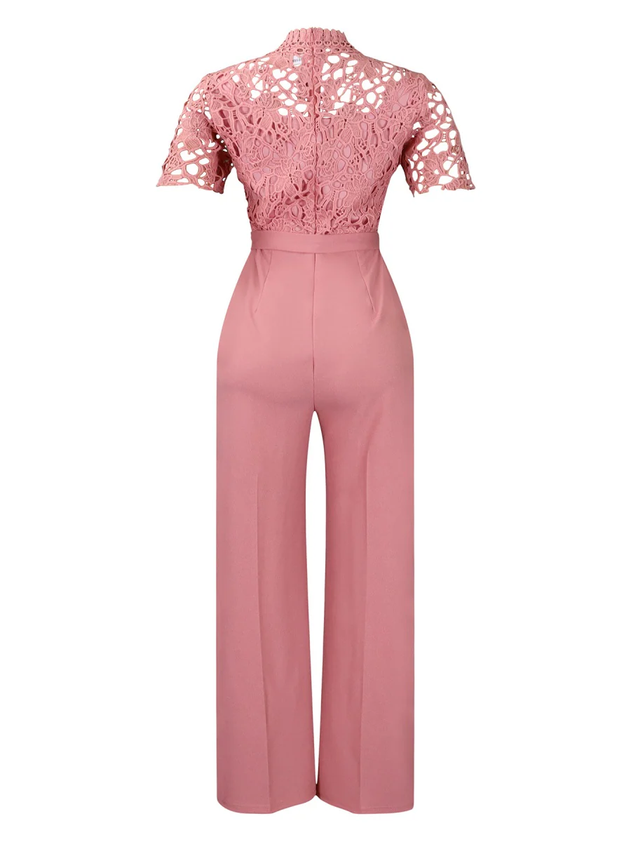 Lace Trim Hollow Short Sleeve Bandage High Waist Wide Leg Jumpsuits - Image 11