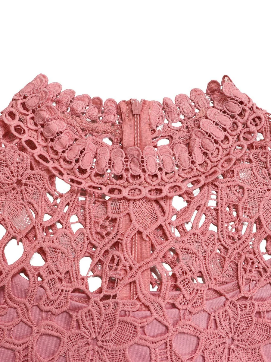 Lace Trim Hollow Short Sleeve Bandage High Waist Wide Leg Jumpsuits - Image 12