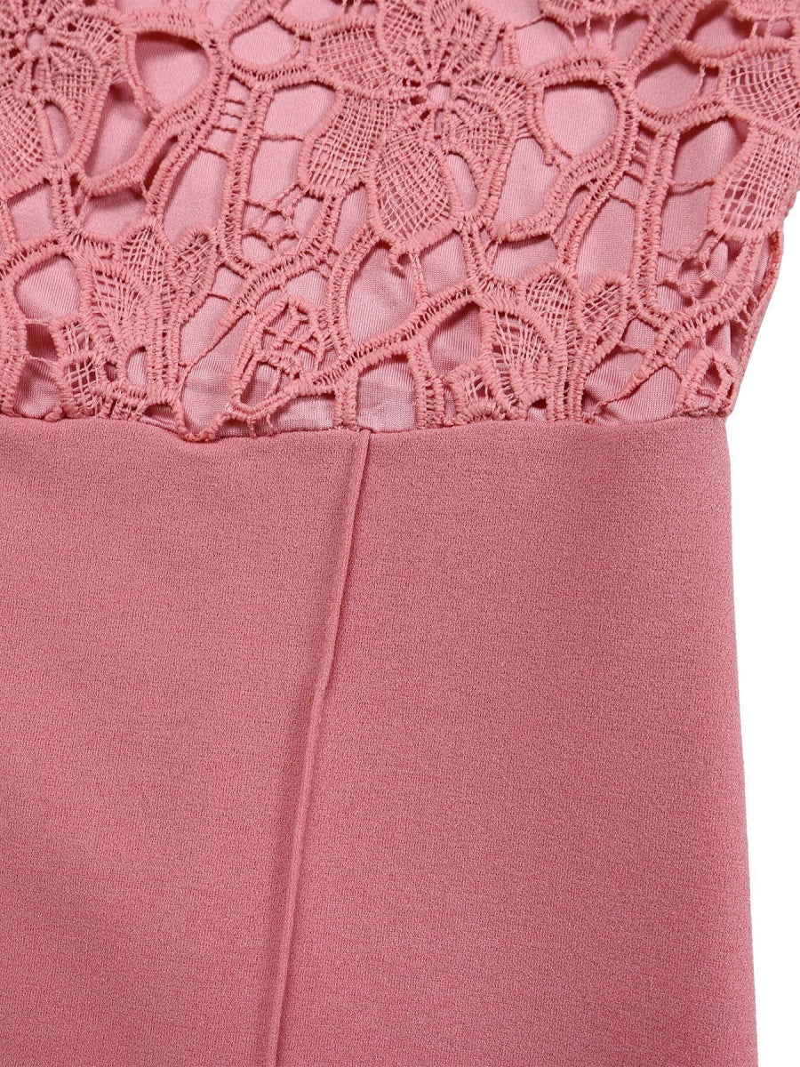 Lace Trim Hollow Short Sleeve Bandage High Waist Wide Leg Jumpsuits - Image 14