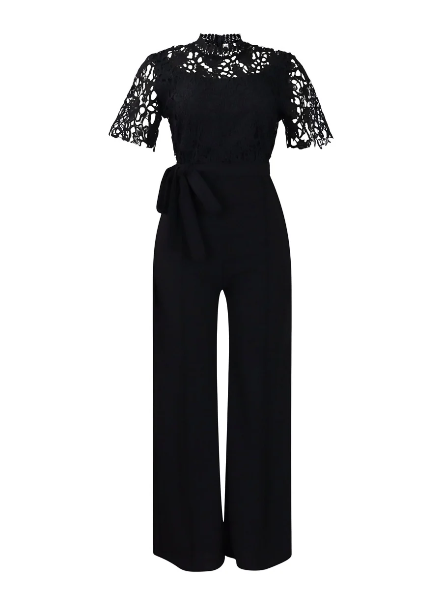 Lace Trim Hollow Short Sleeve Bandage High Waist Wide Leg Jumpsuits - Image 17