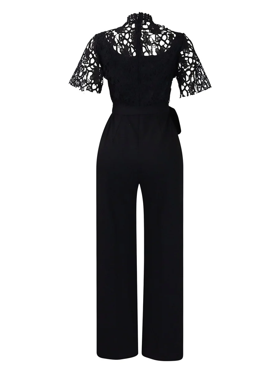 Lace Trim Hollow Short Sleeve Bandage High Waist Wide Leg Jumpsuits - Image 18