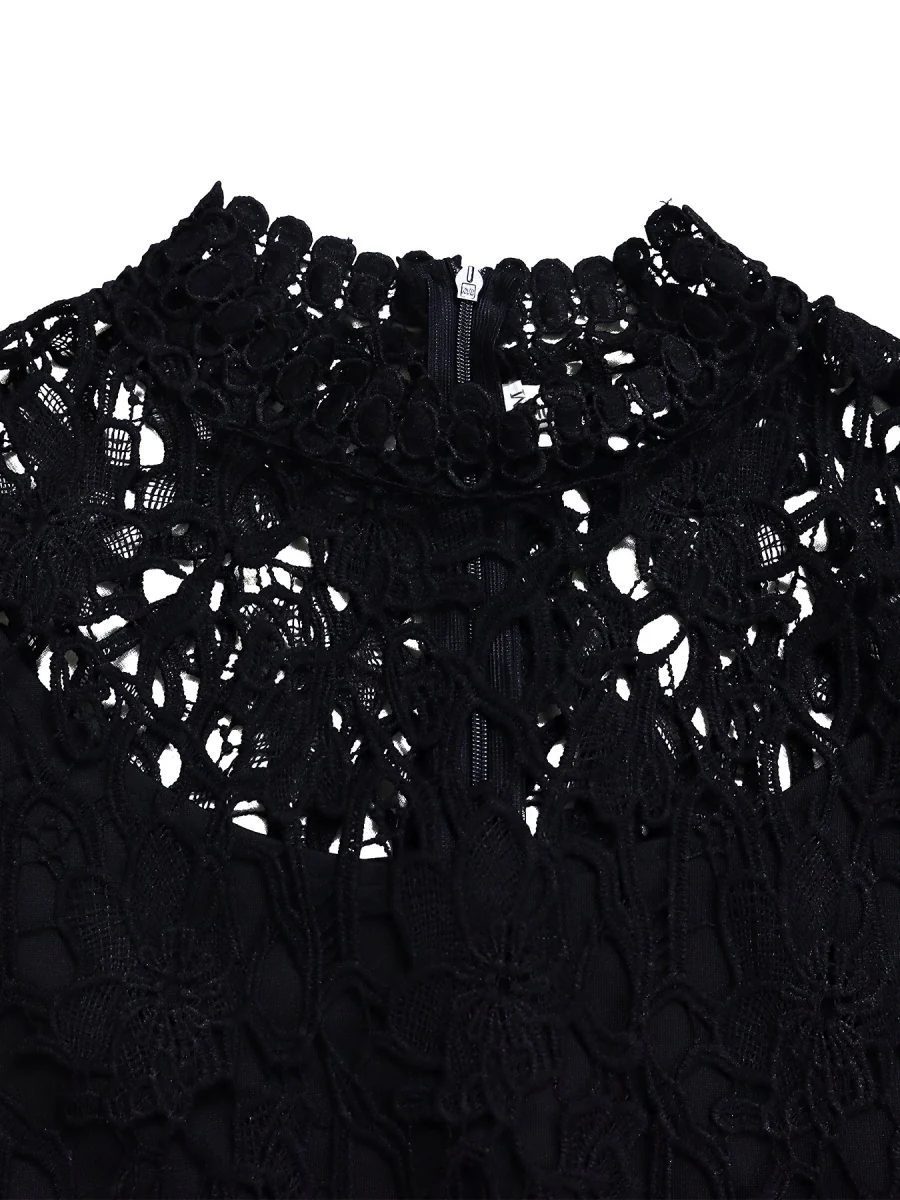 Lace Trim Hollow Short Sleeve Bandage High Waist Wide Leg Jumpsuits - Image 19